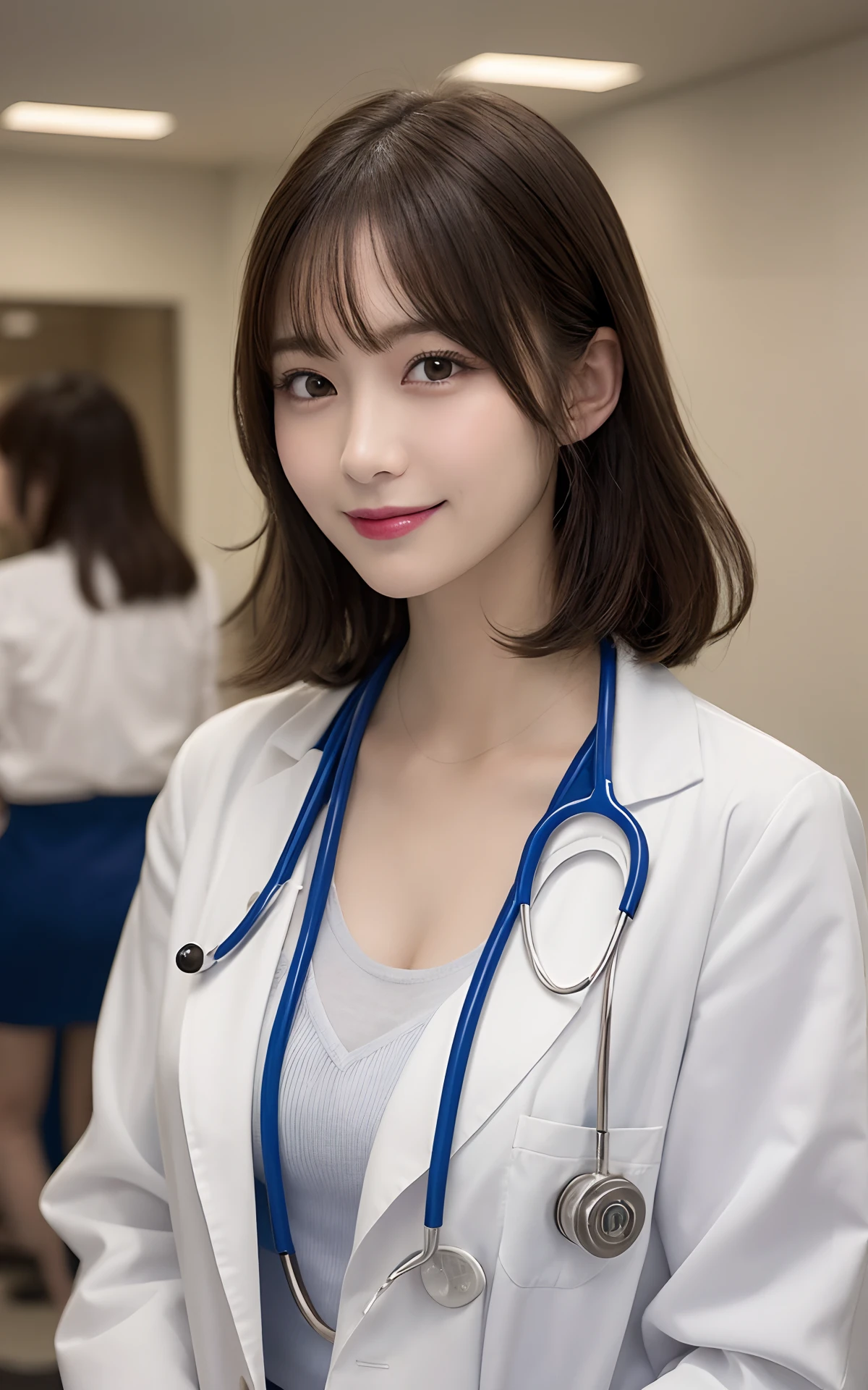 young woman、 Japanese women、Brown Hair、Necklace around the neck、White、Doctor's attire、Stethoscope、Cleavage、Wavy Hair、short hair、Intricate details, Very detailed:1.2), 、 Looking into the camera,The background is the operating room、ear piercing