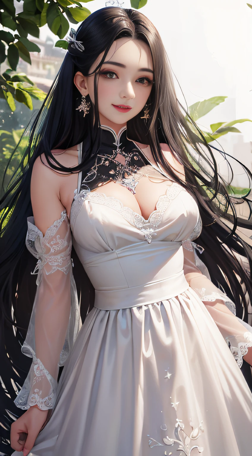 "Top，Highest image quality，Master masterpieces，Hyper-realistic，Delicate and delicate beautiful girl，perfect body figure，（A flowing gray and white skirt with a tulle top with a Chinese neckline），Delicate fair skin，cabelos preto e longos，hair adornments，Exquisite and perfect facial features，Colorful clear eyes，Detailed depiction of the face，Sexy red lipstick，Sweet laugh，Nice and gentle，Long black hair，glittery，ultra fine detailed，Realiy，realisticlying，facing to audience，Skysky，green leaf，florals，Not exposed，