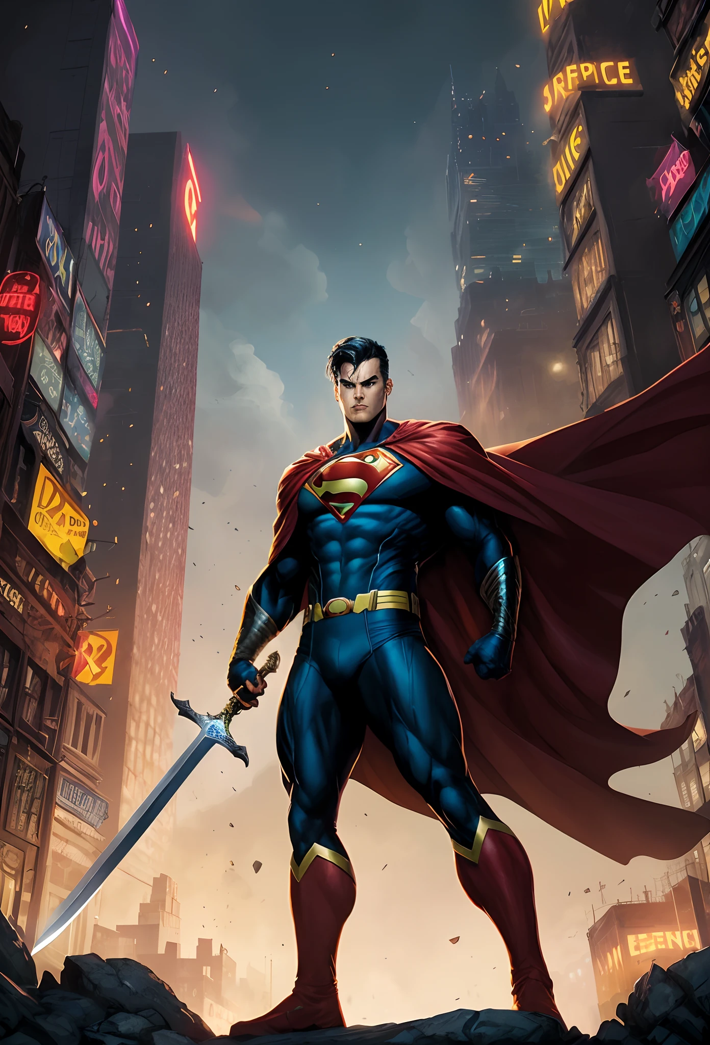 a man in a cape and caped standing on a rocky hill with a sword, dc comics art style, epic comic book style, heroic fantasy art, super hero art, the strongest superhero, dark supervillain, hero pose colorful city lighting, epic comic book art, style of raymond swanland, inspired by Jim Lee, dc comics style, epic fantasy art style hd