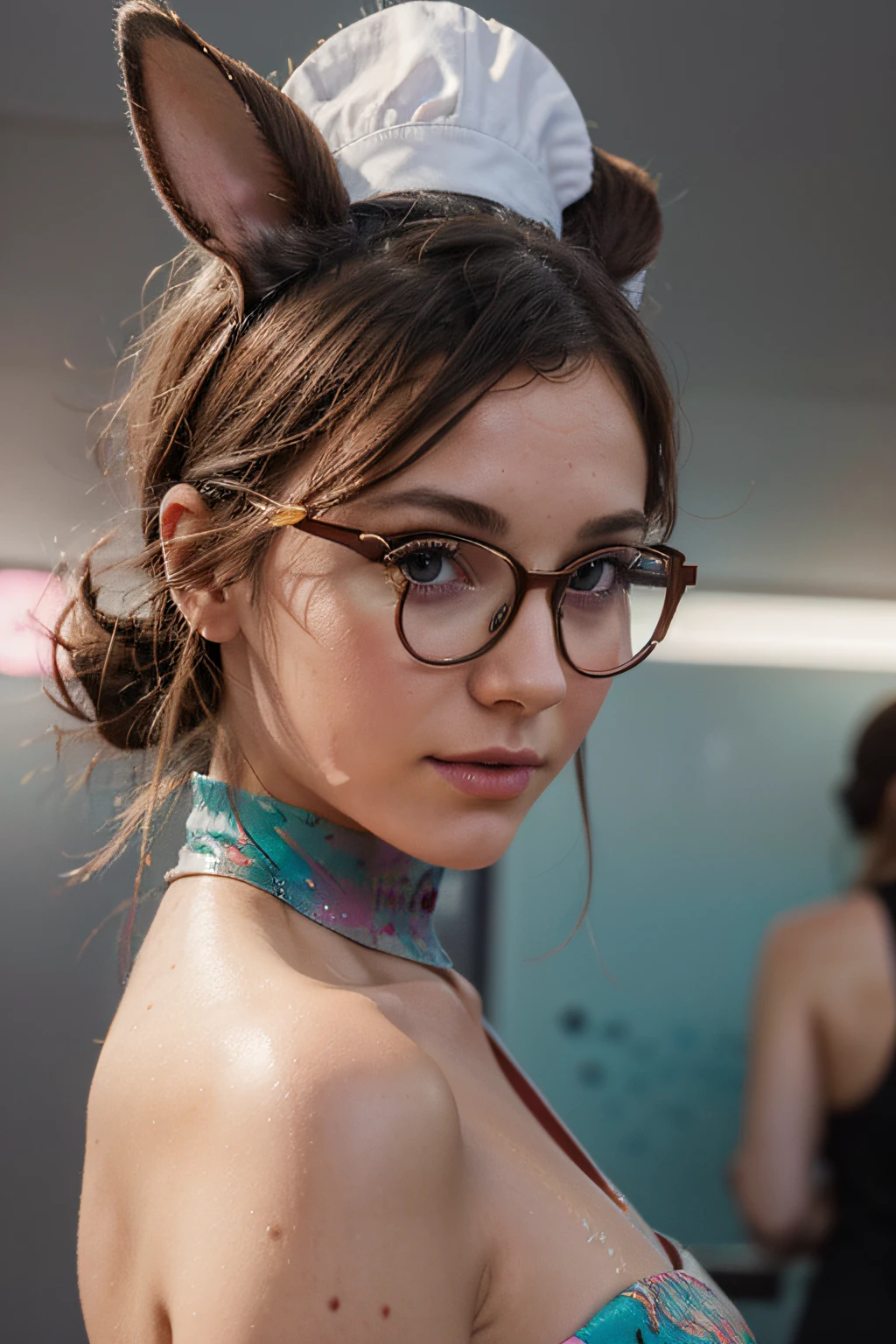 style wtrcolor, Digital art of (fille lapin Retrowave avec lunettes et conception de personnage de casque), art officiel, frontal, souriant, chef-d&#39;work, beau, ((aquarelle)), peinture faciale, paint splashes, intricate high detail. Highly detailed and detailed eyes, [dripping:0.5], Trending on artstation, par Rachel Walker cheveux rouges et long