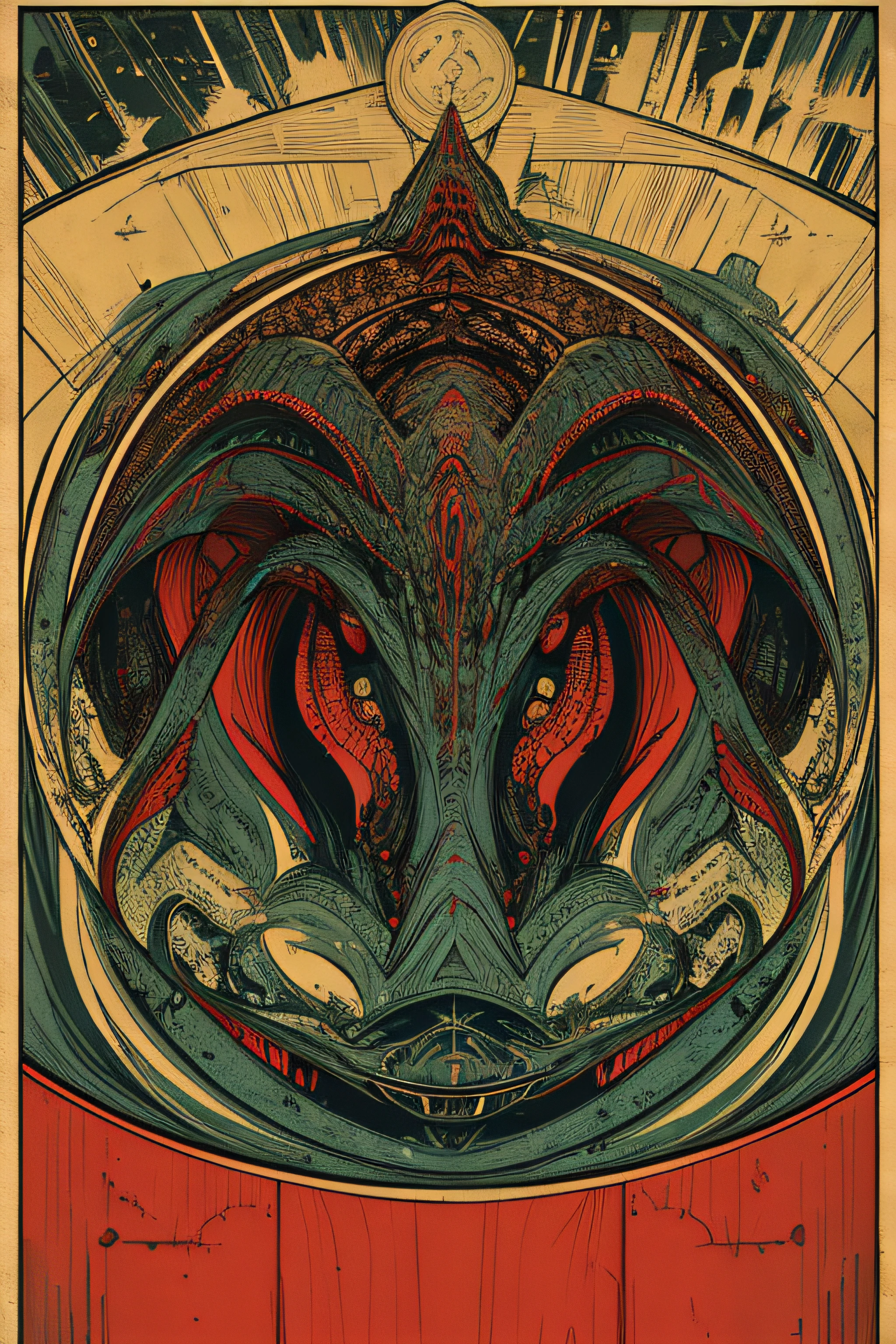 (Masterpiece, Best Quality), 8k Wallpaper, highly detailed, poster, Cthulhu, cosmic vintage horror, 1950s, horror thriller cinematic movie poster, Bauhaus, shapes, lines, abstract, propaganda, gothic, movie poster, vintage,