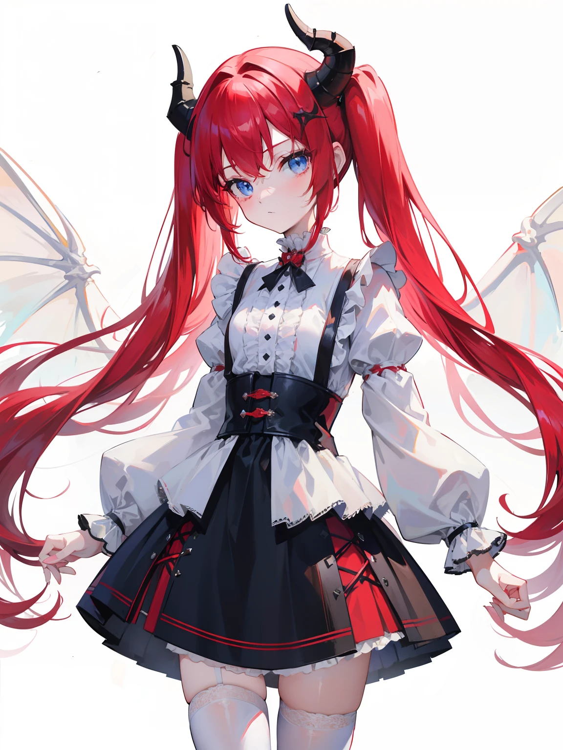 red hair,blue eyes,twintails, long hair, long sleeves, gothic, solo, loli,Short skirt, white stockings,{{best quality}}, {{masterpiece}}, {{ultra-detailed}}, {illustration}, {detailed light}, {an extremely delicate and beautiful}, girl,cute,dragon horns