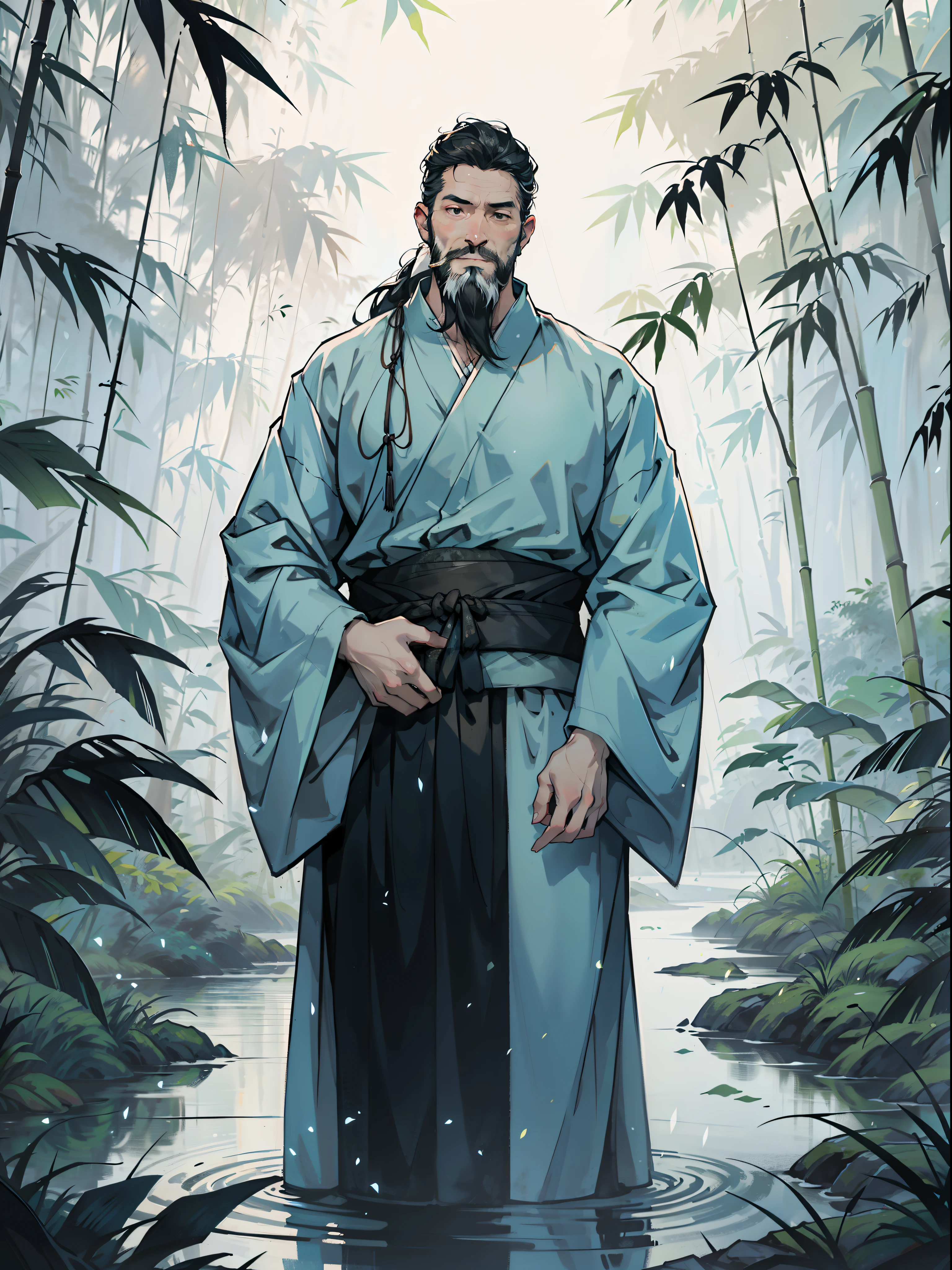 Deep in the bamboo forest, Chinese Ancient Times,raining day, A middle-aged male, 50yearsold, With a beard,emaciated,dressed white hanfu, Standing in a bamboo forest, A hand touched his beard,Place one hand behind your back,look up to,Quiet, Cinematic lighting, in a panoramic view, Masterpiece, ccurate, Super detail, Award-Awarded, Best quality