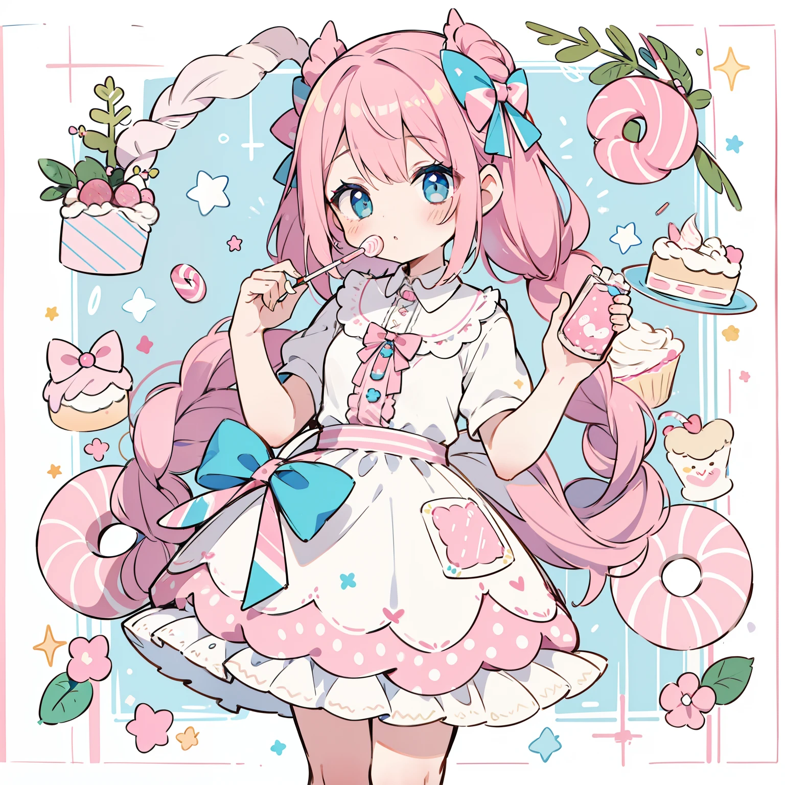 1girl in, Pastel muted colors, (The color palette is pink:1.2, Blue:1.2, ), For example, donut, sprinkle, candy, lollipop, candy cane, a cake, cupcake, Cake Pop, Ruffles and lace, polka dot, Twin-tailed