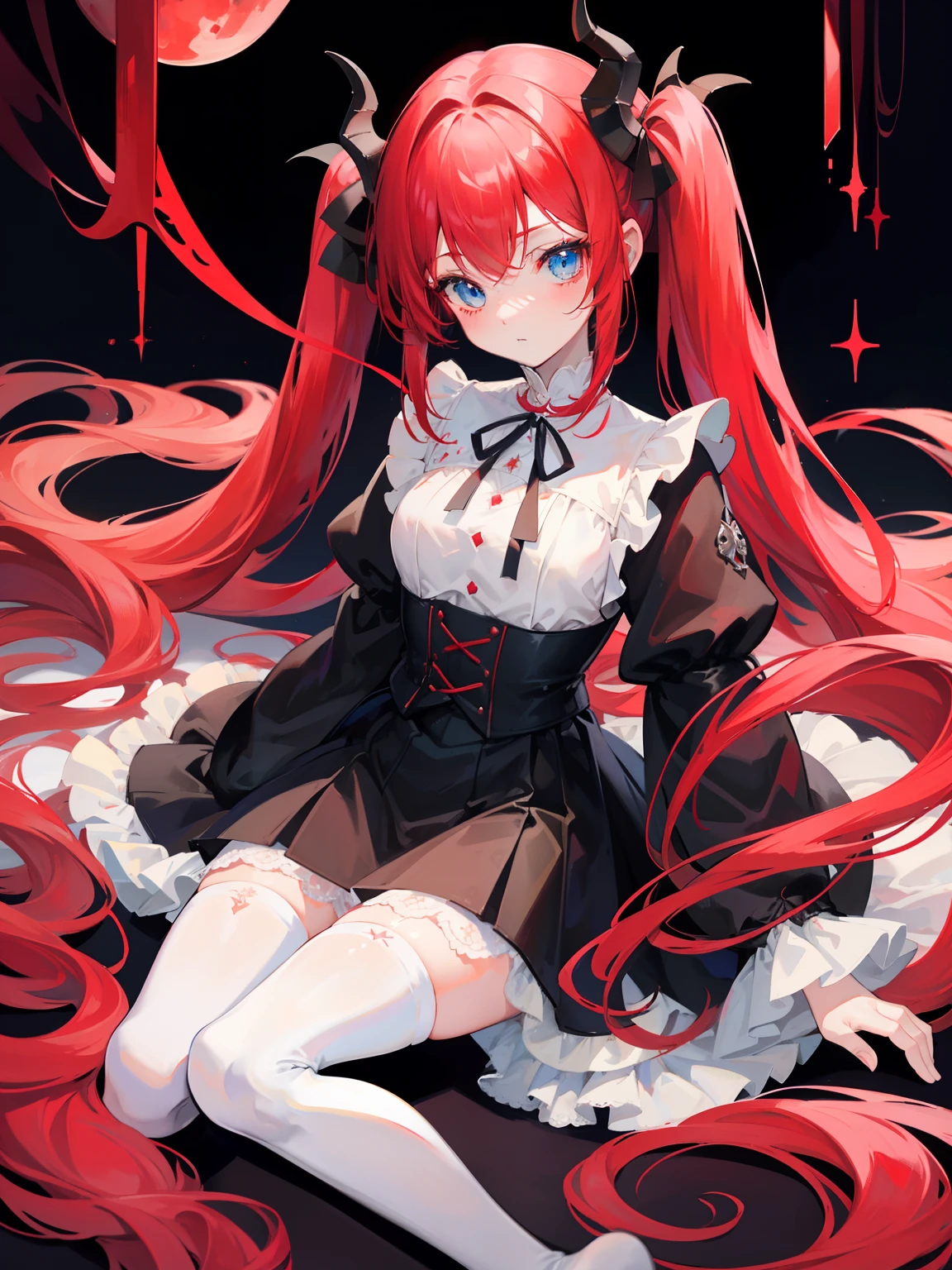 red hair,blue eyes,twintails, long hair, long sleeves, gothic, solo, loli,Short skirt, white stockings,{{best quality}}, {{masterpiece}}, {{ultra-detailed}}, {illustration}, {detailed light}, {an extremely delicate and beautiful},little girl,cute,dragon horns