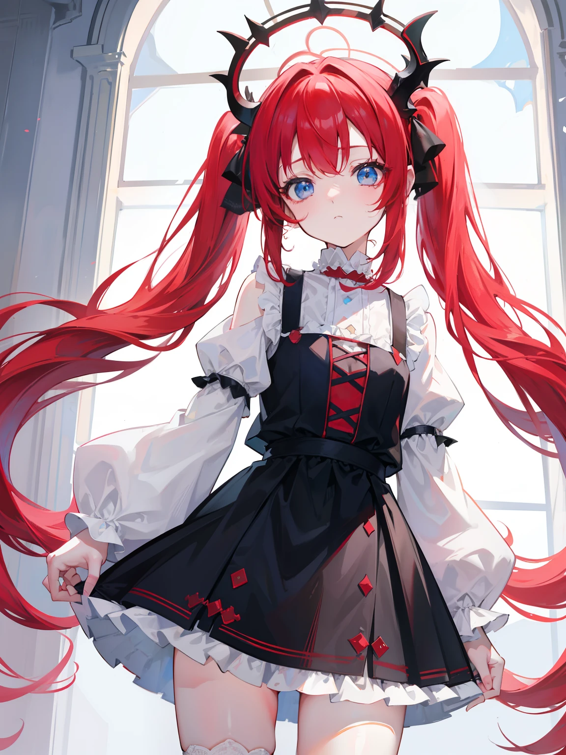 red hair,blue eyes,twintails, long hair, long sleeves, gothic, solo, loli,Short skirt, white stockings,{{best quality}}, {{masterpiece}}, {{ultra-detailed}}, {illustration}, {detailed light}, {an extremely delicate and beautiful},little girl,cute,dragon horns