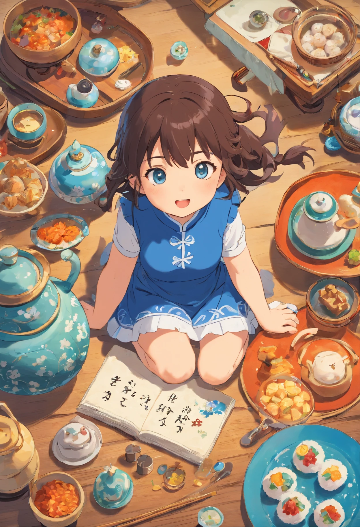 Knolling layout::2, (Cartoon Chubby infants:1.37), Wearing a cheongsam with a blue and white porcelain pattern, Sky blue and white, high resolution.
(Sticker style),niji. Journey V5