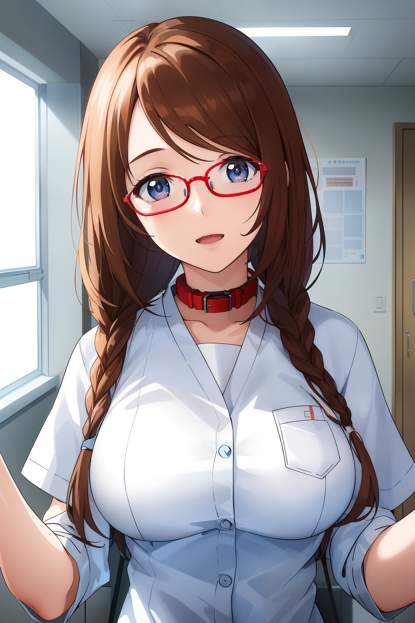 1girl, (masterpice:1.3), (high qulity), (best quality), (highly detailed), perfect face eyes and nose, perfect hands and fingers, misaki, glasses, twin braids, collar, hair ornament, big breasts, dynamic angle, ((room)), A woman in a white doctor's costume，Hospital scene，The site is clean，Rejoice，Perfect quality，Clear focus（Clutter - hospitals：0.8）， （tmasterpiece：1.2） （realisticlying：1.2） （Bokeh） （best qualtiy） （detailedskin：1.3） （complexdetails） （8K） （detailedeyes） （Sharp focus）,（having fun）