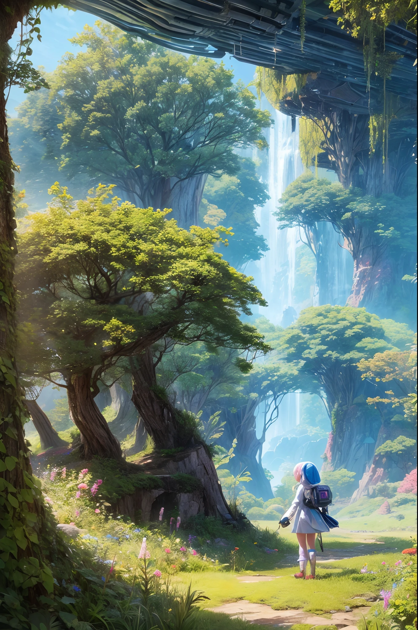 "A young girl with a sense of wonder explores an alien planet with vibrant chrome vegetation. The surreal landscape and flora create a stunning juxtaposition in a space-age paradise.
