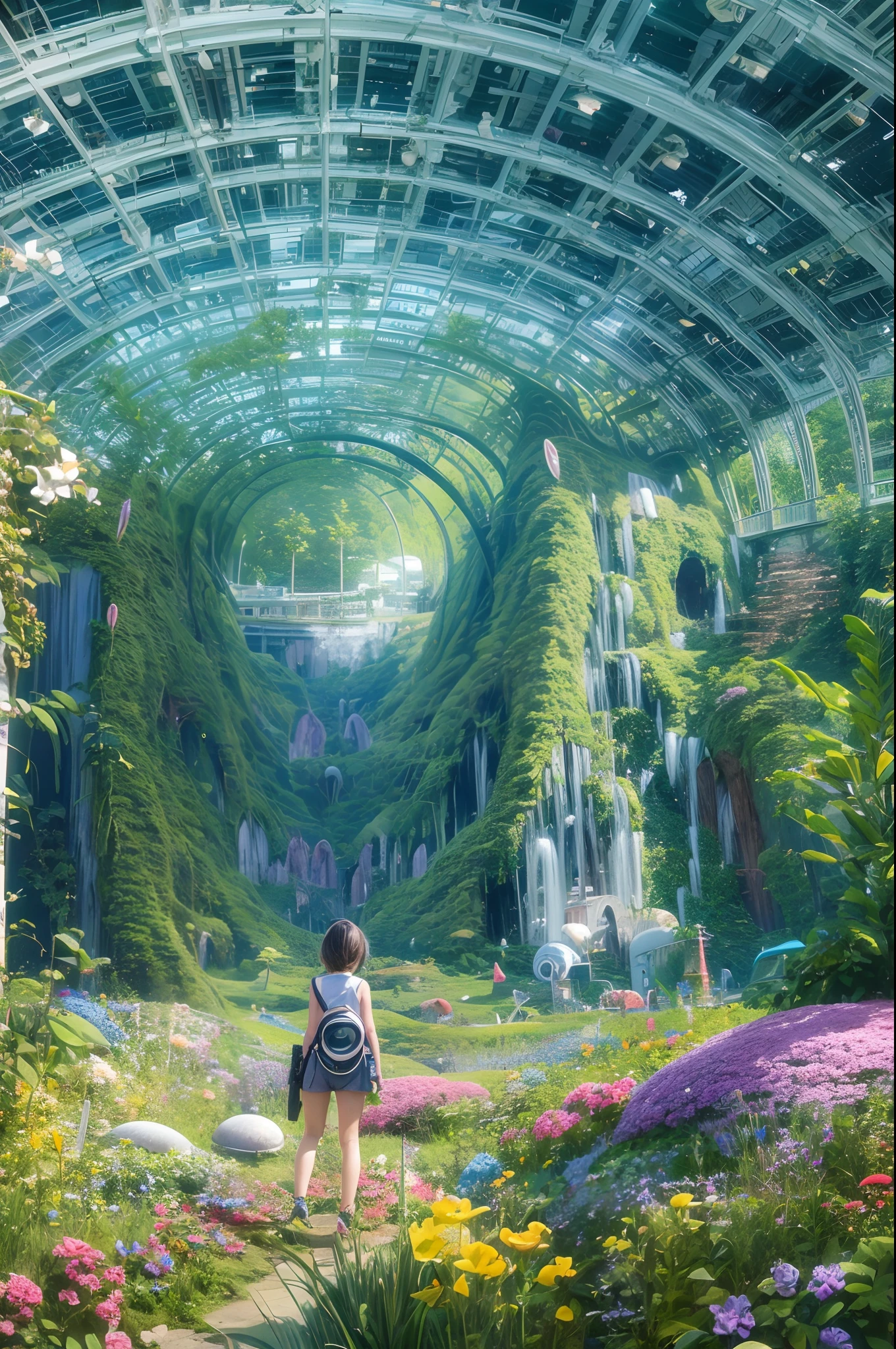 "A young girl with a sense of wonder explores an alien planet with vibrant chrome vegetation. The surreal landscape and flora create a stunning juxtaposition in a space-age paradise.