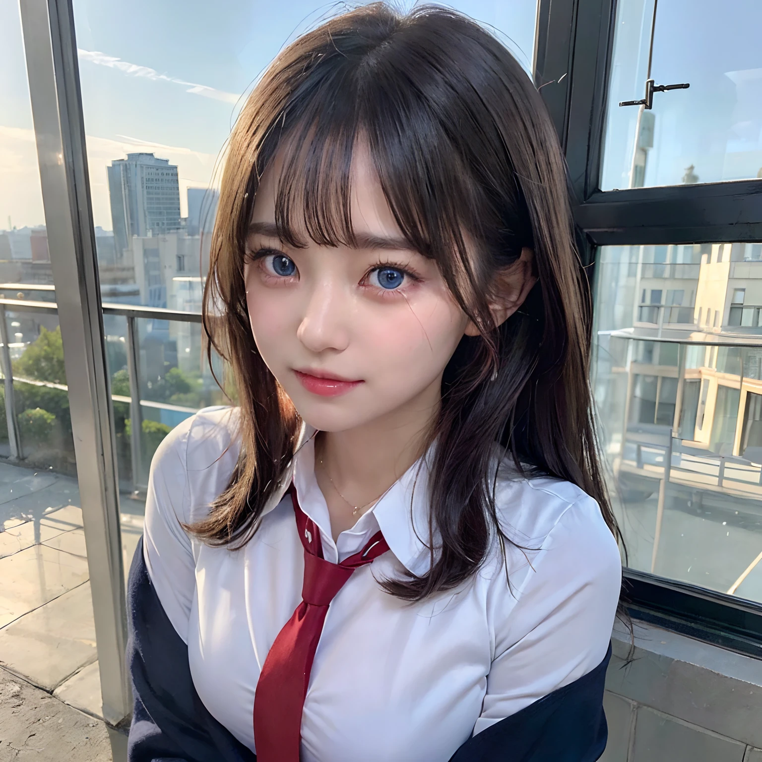 ((8K, top-quality, ​masterpiece, 超A high resolution, Photorealsitic:1.5)), 1girl in, cute sexy high schoolgirl, Perfect dynamic composition, In the school, tilt the neck, Take a look at you:1.4, Highly detailed eye and face texture:1.3, Fair skin, ((School uniform with red tie on chest:1.5, Open valley, Well-shaped big)), (Beautiful blue eyes, Eyes that feel beautiful eros:1,5, is crying:1.5), (Face feeling ecstasy:1.5, Sexy face:1.5, red blush:1.3), (A mouthfeel that feels beautiful eros:1.55, Duck mouth), (Intense courtship:1.7), ((((Too erotic))))