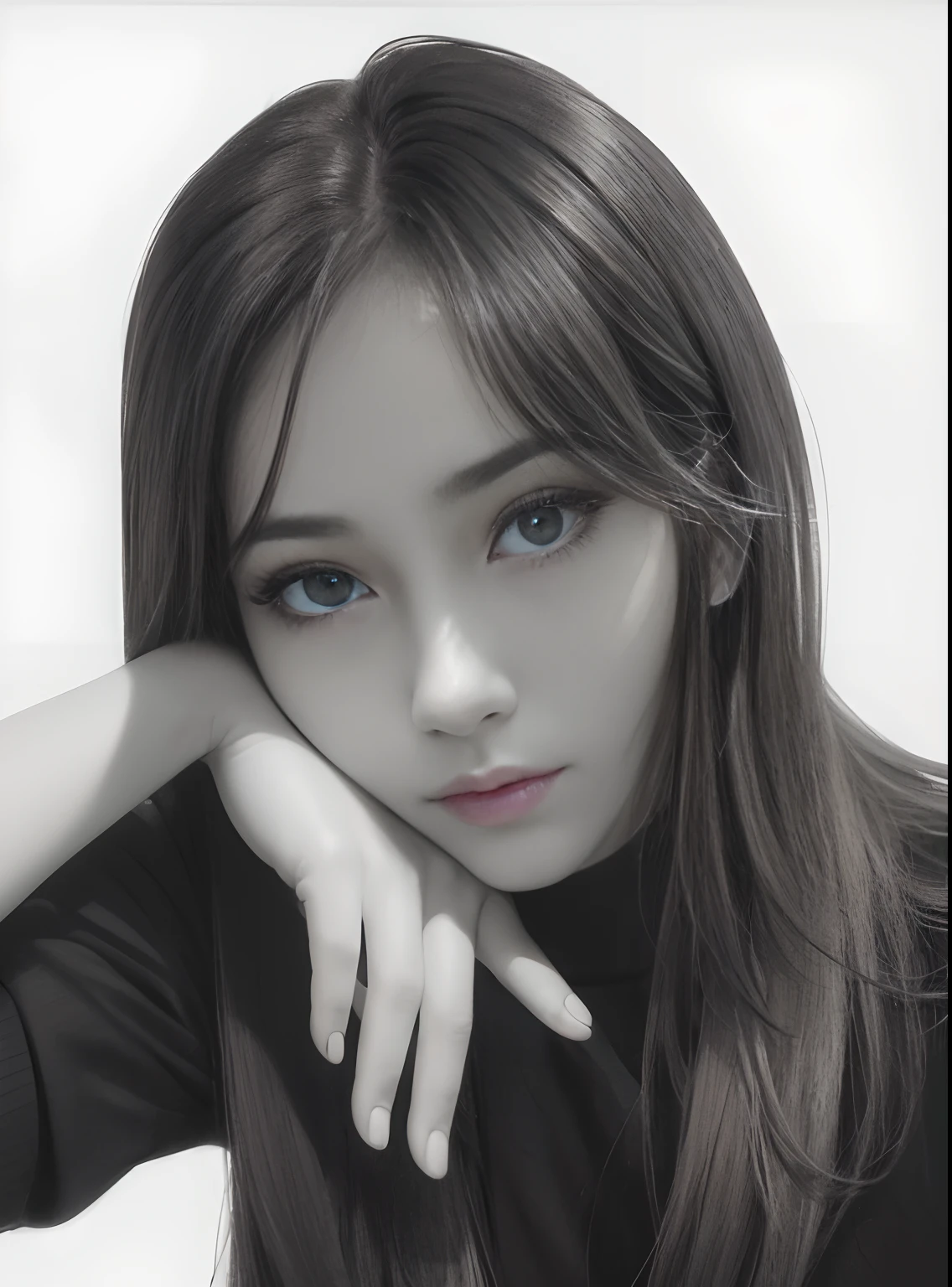 a pencil drawing of a realistic portrait of a young person, fair skin, long nose straight hair wearing glasses, serene expression. Explore the play of light and shadow to highlight facial details. Use smooth, precise strokes to create textures and capture the essence of life experience.