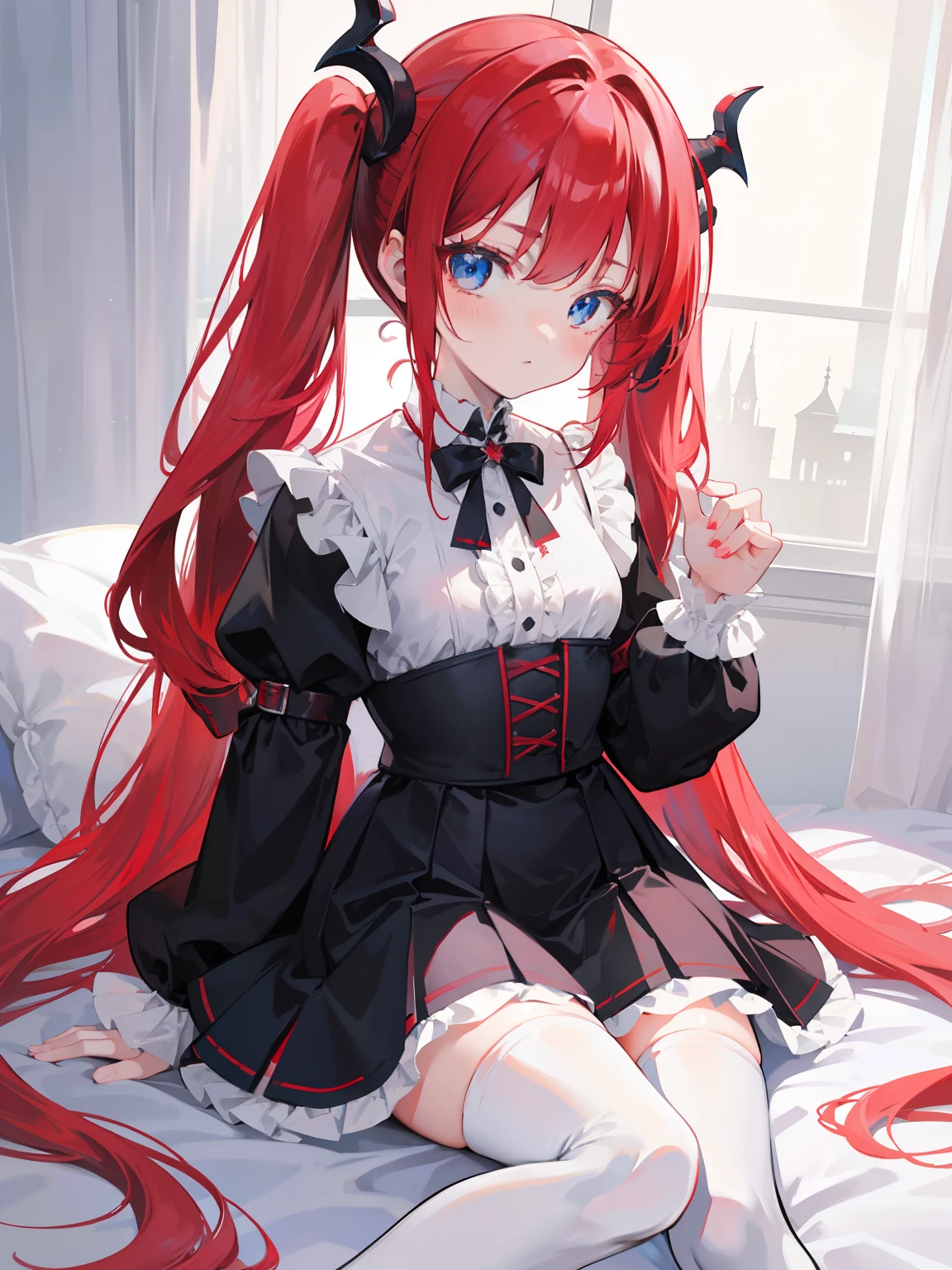red hair,blue eyes,twintails, long hair, long sleeves, gothic, solo, loli,Short skirt, white stockings,{{best quality}}, {{masterpiece}}, {{ultra-detailed}}, {illustration}, {detailed light}, {an extremely delicate and beautiful}, girl,cute,dragon horns