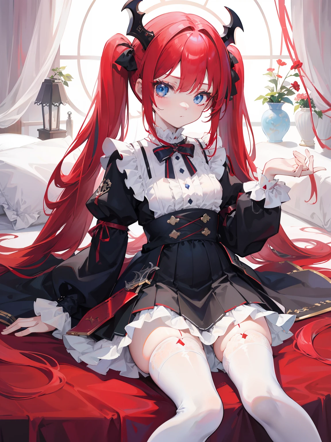 red hair,blue eyes,twintails, long hair, long sleeves, gothic, solo, loli,Short skirt, white stockings,{{best quality}}, {{masterpiece}}, {{ultra-detailed}}, {illustration}, {detailed light}, {an extremely delicate and beautiful}, girl,cute,dragon horns