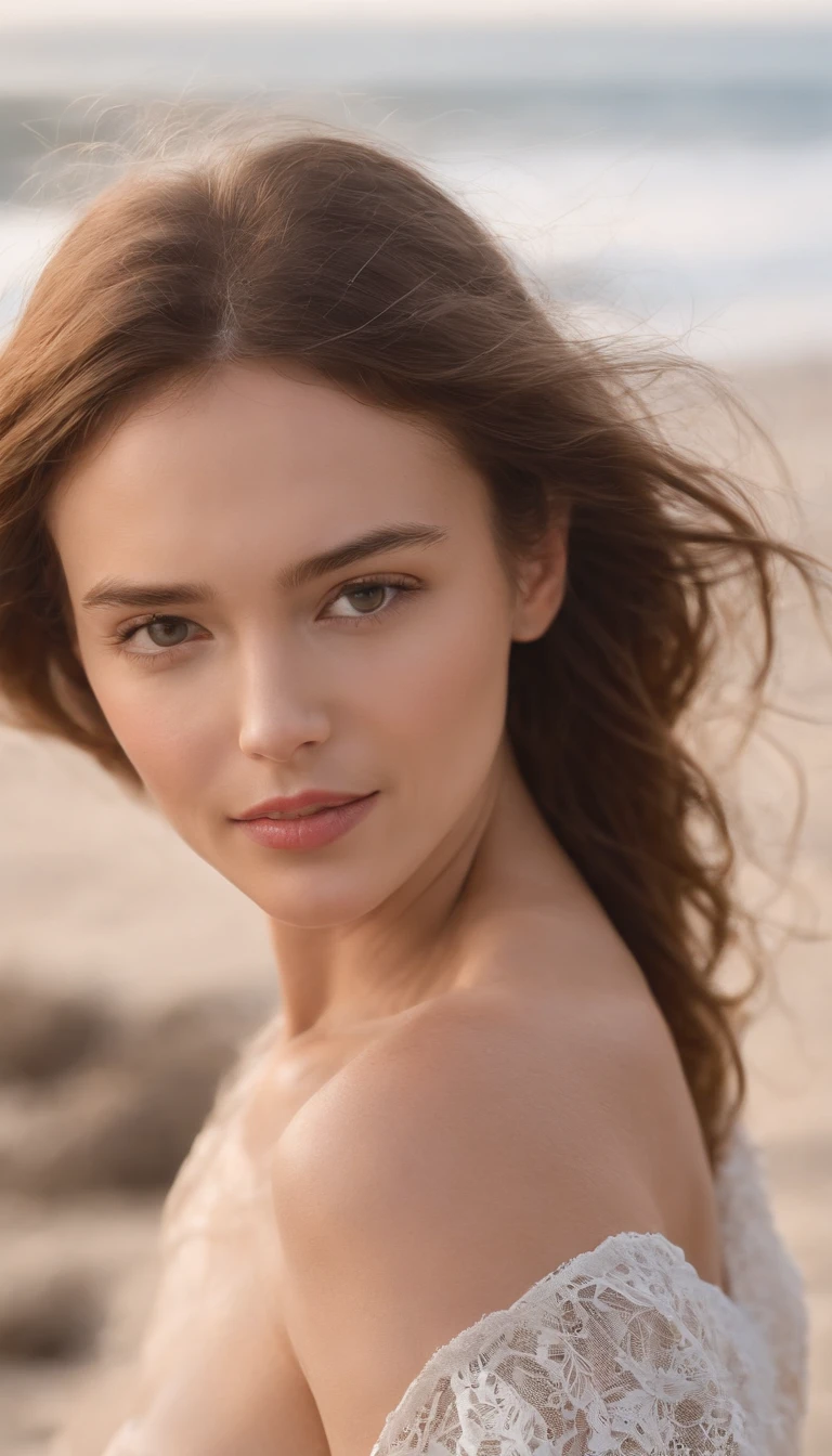 qualidade superior、obra prima、retrato de corpo inteiro、(Fotorrealista:1.4)、FOTO CRU、Uma mulher nua、Textura facial detalhada、Cool summer beach without Bikini、