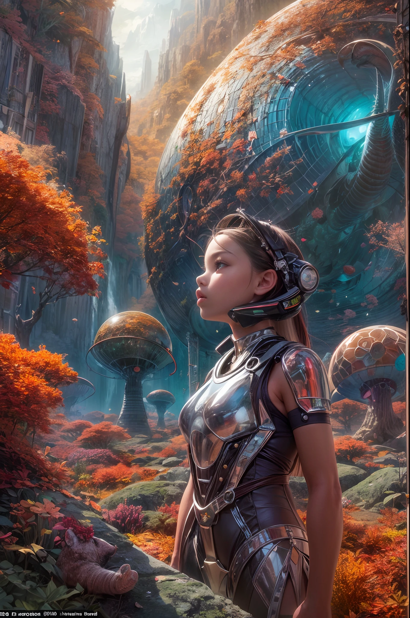 "A young girl with a sense of wonder explores an alien planet with vibrant chrome vegetation. The surreal landscape and flora create a stunning juxtaposition in a space-age paradise.