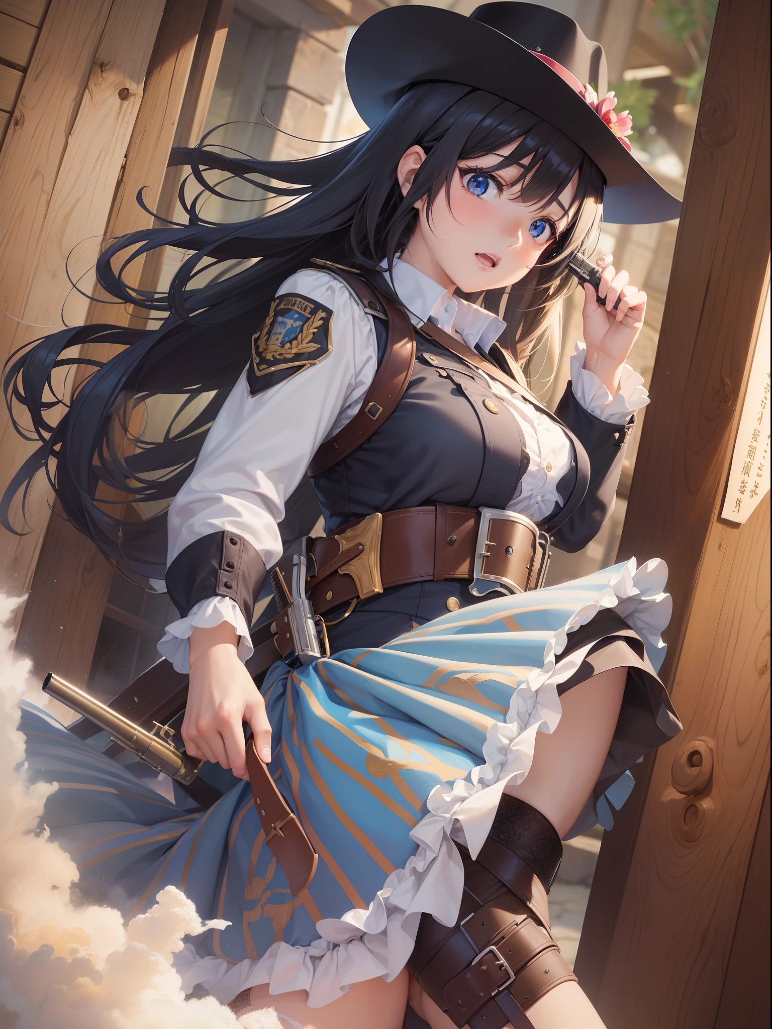 ((Finest quality)),(超A high resolution),(ultra-detailliert),((Best Anime)),sharpnes,vivid:1.1,The Art of Phenomenal Depictions, American Pioneer Era:1.5,Western drama,gun fight:1.3, ((1人の女性),Calamity Jane),outlaw,