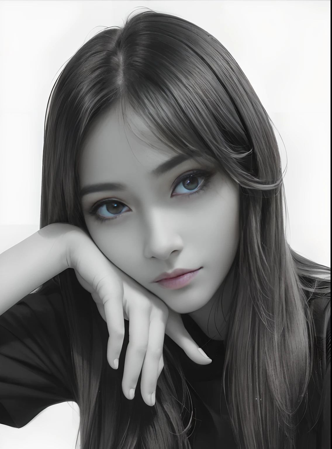 a pencil drawing of a realistic portrait of a young person, fair skin, long nose straight hair wearing glasses, serene expression. Explore the play of light and shadow to highlight facial details. Use smooth, precise strokes to create textures and capture the essence of life experience.