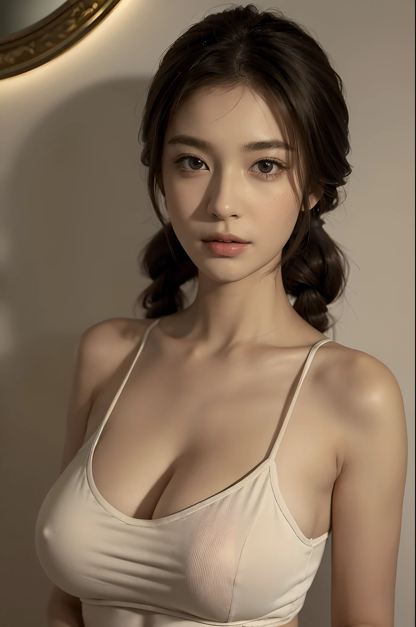 ((bestquality, 10, masterpiece :1.3)), 1girls, A beautiful woman who emphasizes a slender belly. :1.3, (Random hairstyles, enormous breasts :1.2), Large tank tops :1.2, Ultra-detailed face, detailed eyes, 二重まぶた