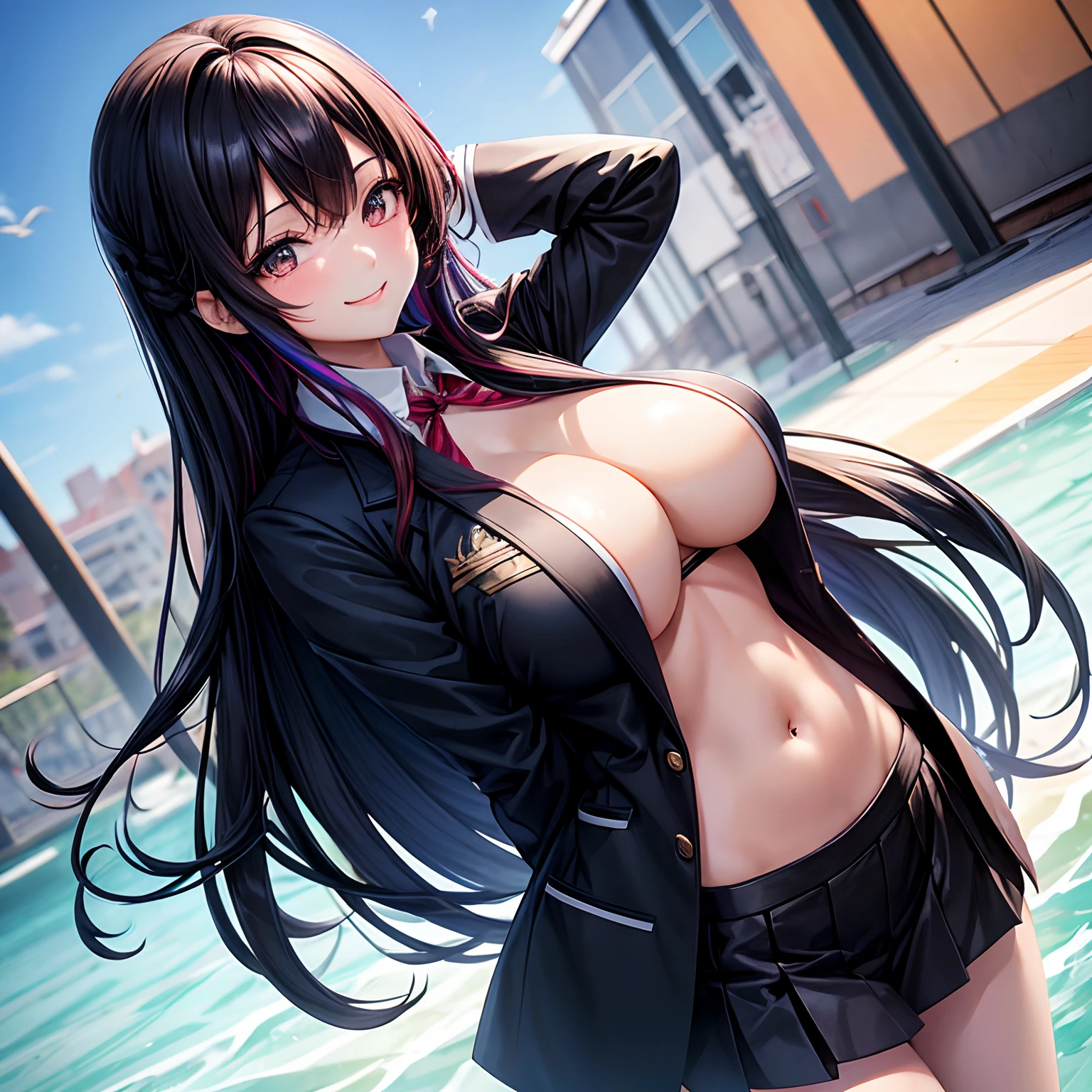 Midday Shiina,a beauty girl,girl with,a smile,Black uniform and blazer,top-quality,masterpiece,huge tit,超A high resolution,Multicolored hair,Excellent style,Perfect facial features,a beauty girl,modeled,girl,Long,