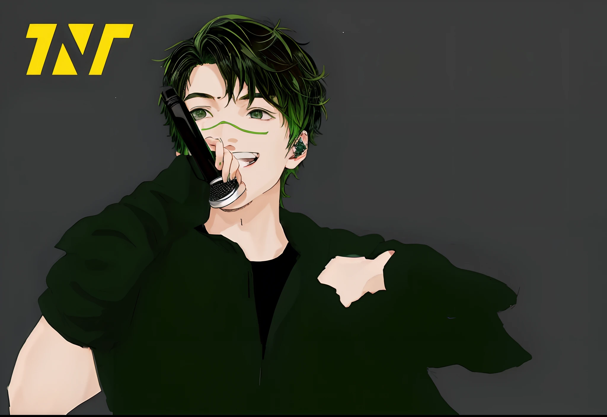 There is green hair dye and short black hair,Boy in black jacket, Hold the microphone,Sing passionately at concerts,There are green decorative line elements on the face,With the back of the ear,The background is the lights of the concert