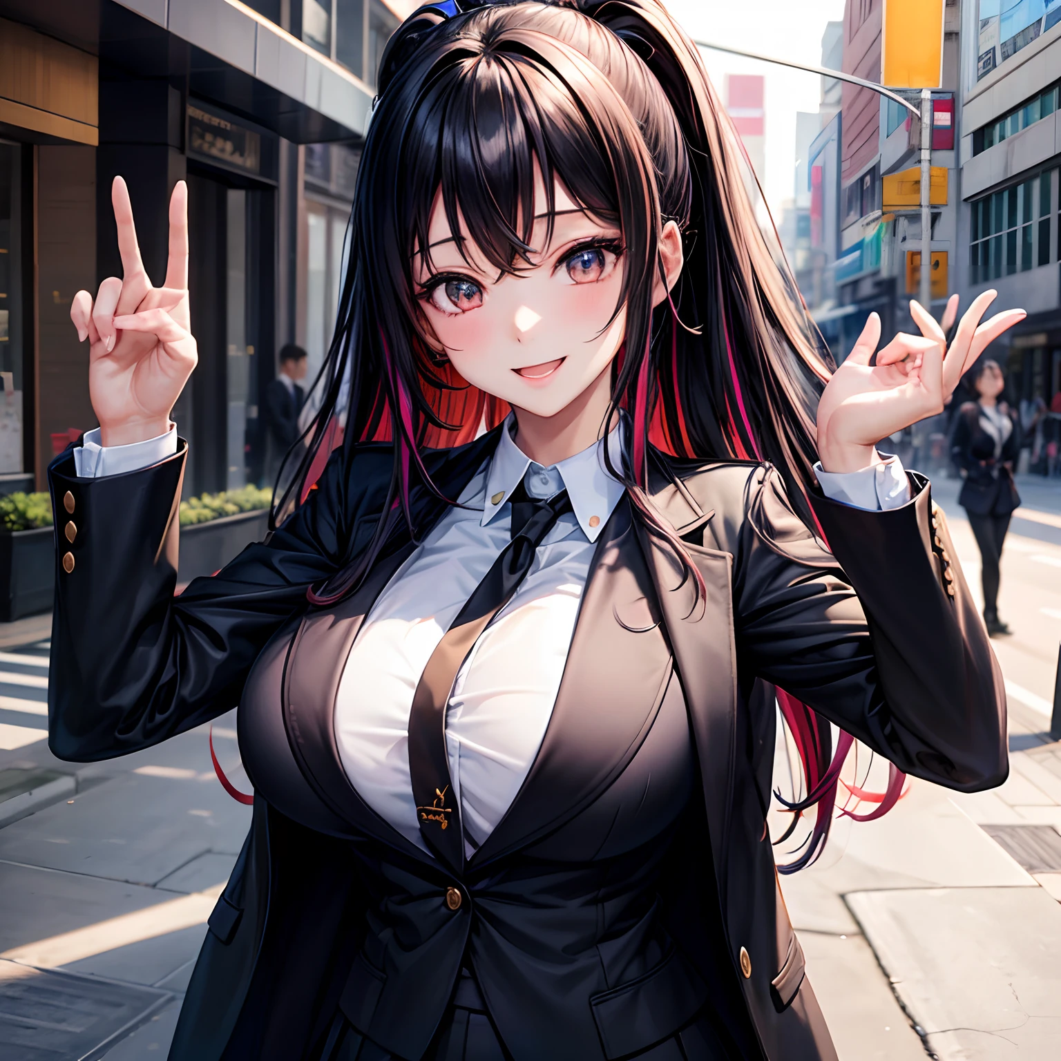Midday Shiina,a beauty girl,girl with,a smile,Black uniform and blazer,top-quality,masterpiece,huge tit,超A high resolution,Multicolored hair,Excellent style,Perfect facial features,a beauty girl,modeled,girl,Long,