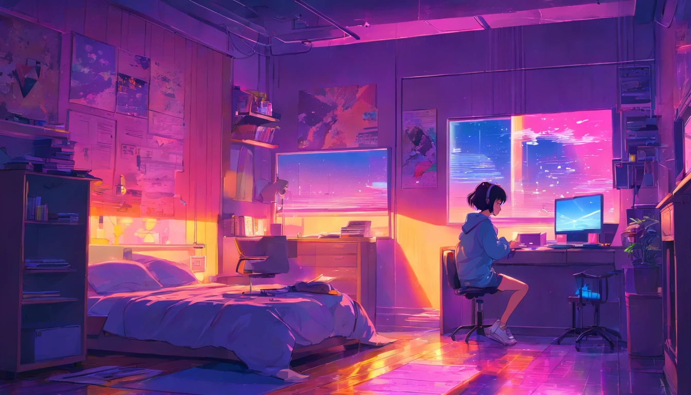 (zero), Girl studying in her room, reading a book, Wear headphones, , night lights, Neon landscape on a rainy day,Analog Color Theme, Lo-Fi Hip Hop , retrospective, flat, 2.5D ,Draw a line, Ink Drawing, Large slope, Watercolor painting, Goosch Colors, Studio Ghibli Style, Awesome colorful, Outer Ton, Synthwave, lofi art,90s style,Old texture, amplitude,90s vibe, masutepiece, Tremendous technology, 16:9 scale