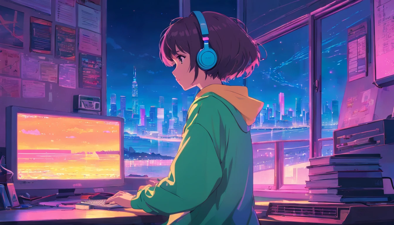 (zero), Girl studying in her room, reading a book, Wear headphones, , night lights, Neon landscape on a rainy day,Analog Color Theme, Lo-Fi Hip Hop , retrospective, flat, 2.5D ,Draw a line, Ink Drawing, Large slope, Watercolor painting, Goosch Colors, Studio Ghibli Style, Awesome colorful, Outer Ton, Synthwave, lofi art,90s style,Old texture, amplitude,90s vibe, masutepiece, Tremendous technology, 16:9 scale