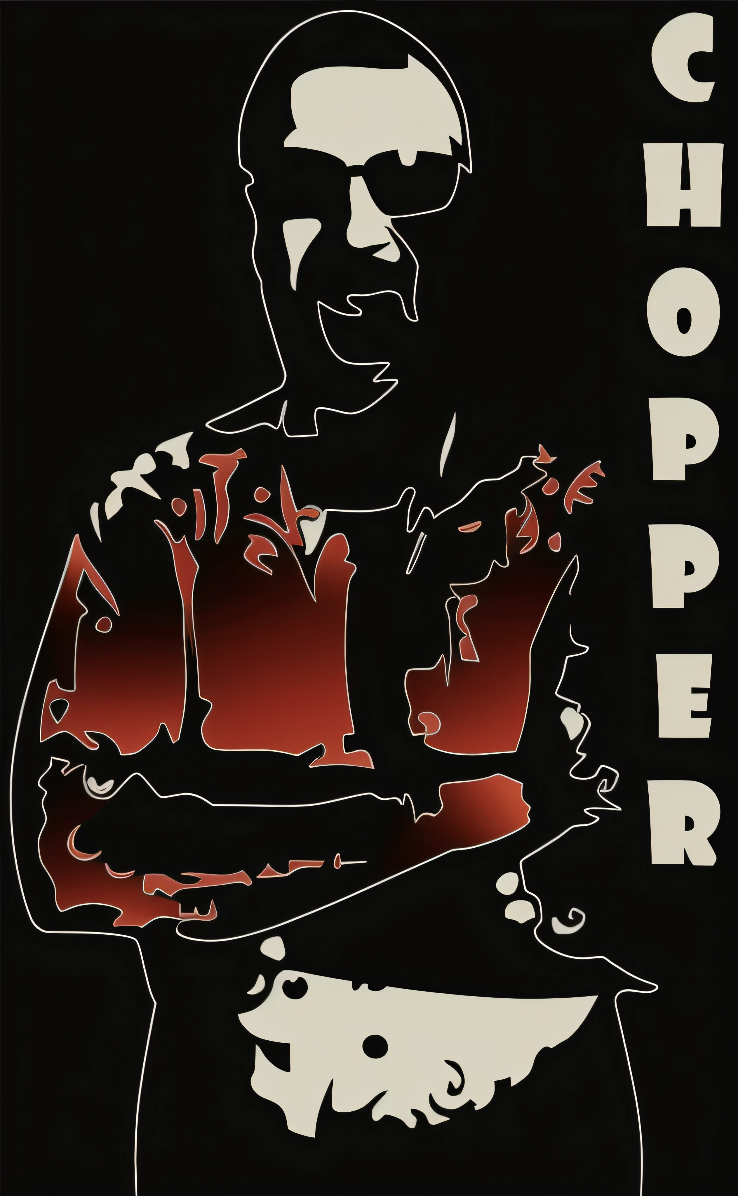 Black vinyl decal sticker, a close up of chopper (Mark Brandon Read), upper body portrait, upper half portrait, hyper contrast well drawn, !!! very coherent!!! vector art