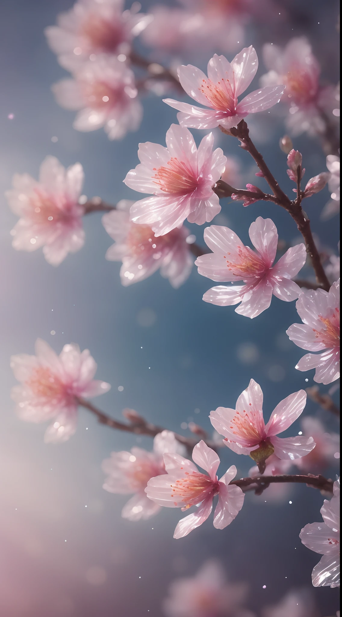 Crystal Sakura Blossom, fantasy, galaxy, transparent, glisten, elf, idyllic, colorfully, Magical Photography, dramatic light, photo realism, ultra-detail, 8k, Depth of Field, high-res