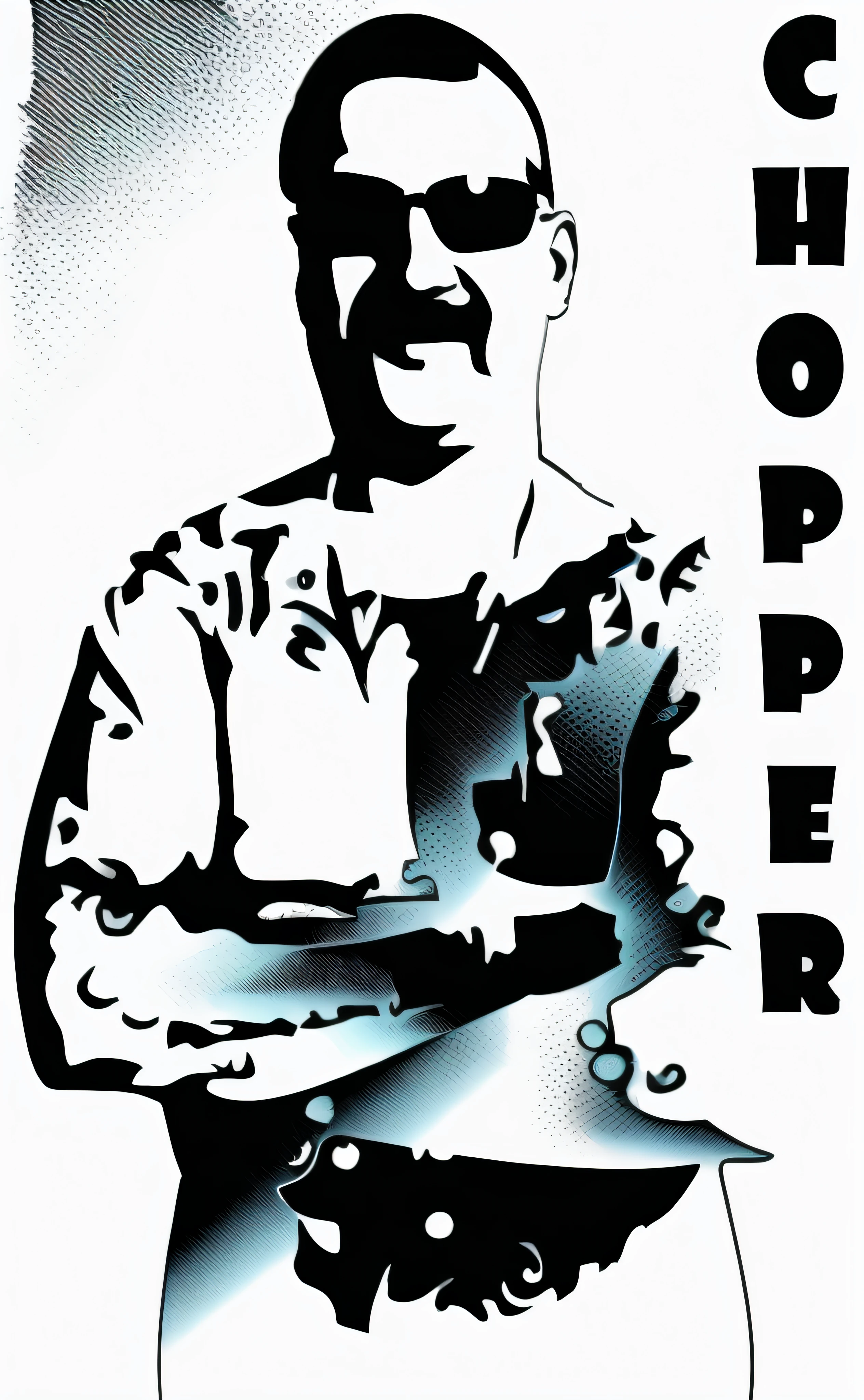 Black vinyl decal sticker, a close up of chopper (Mark Brandon Read), upper body portrait, upper half portrait, hyper contrast well drawn, !!! very coherent!!! vector art