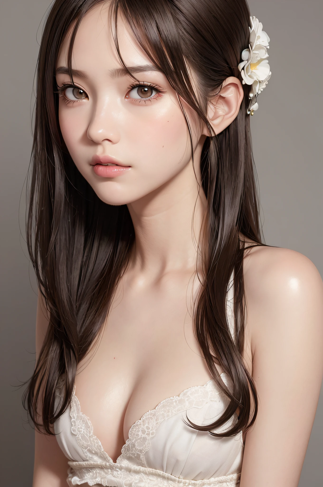 (masutepiece:1.3), High resolution, ultra-detailliert, the Extremely Detailed CG Unity 8K Wallpapers, Realistic, Photorealsitic, Raw photo, beautifull detailed face, Facial balance is the golden ratio、pale skin, realistic glistening skin, Detailed Cloth Texture, detailed hair texture, Perfect body, Beautiful face, acurate, Anatomically correct, Highly detailed face and skin texture, Natural neck length, (Fair skin:1.2), thin legs, Thin feet, (Aligned teeth:1.1), Sweaty skin, BREAK, Detailed eyes, symmetrical eye, Light brown eyes, Double eyelids, Thin eyebrows, (Sleepy eyes:1.1), (Glossy lips:1.4), (Mouth waiting for a kiss:1.2), (blush:1.2), (Small hair accessories that sparkle:1.1), BREAK, (classy girl:1.3), (Wearing (doress:1.2) With a white floral pattern), BREAK, ((Close Up Shot:1.2)), medium breasts, Slender figure, Firm abs, ((up do hairstyle, Dark blonde hair, Wavy Hair, Long hair:1.1)), ((asymmetric bangs:1.2)),