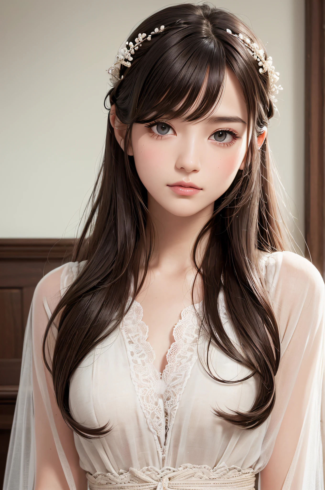 (masutepiece:1.3), High resolution, ultra-detailliert, the Extremely Detailed CG Unity 8K Wallpapers, Realistic, Photorealsitic, Raw photo, beautifull detailed face, pale skin, realistic glistening skin, Detailed Cloth Texture, detailed hair texture, Perfect body, Beautiful face, acurate, Anatomically correct, Highly detailed face and skin texture, Natural neck length, (Fair skin:1.2), thin legs, Thin feet, (Aligned teeth:1.1), Sweaty skin, BREAK, Detailed eyes, symmetrical eye, Light brown eyes, Double eyelids, Thin eyebrows, (Sleepy eyes:1.1), (Glossy lips:1.4), (Mouth waiting for a kiss:1.2), (blush:1.2), (Small hair accessories that sparkle:1.1), BREAK, (classy girl:1.3), (Wearing (doress:1.2) With a white floral pattern), BREAK, ((Close Up Shot:1.2)), medium breasts, Slender figure, Firm abs, ((up do hairstyle, Dark blonde hair, Wavy Hair, Long hair:1.1)), ((asymmetric bangs:1.2)),