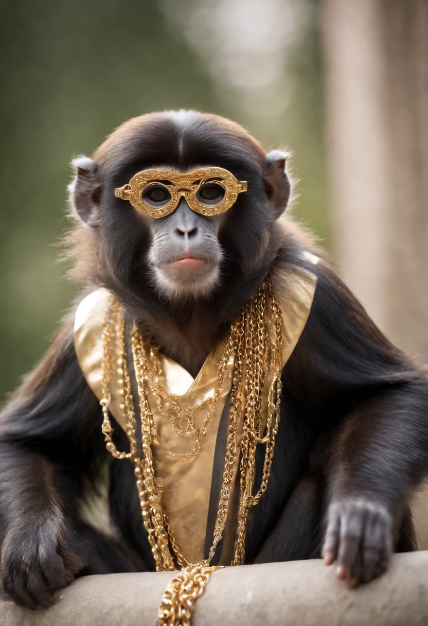 monkey with black sunglasses, golden coat, golden chain, golden necklace, bracelet, boss monkey, rich monkey,