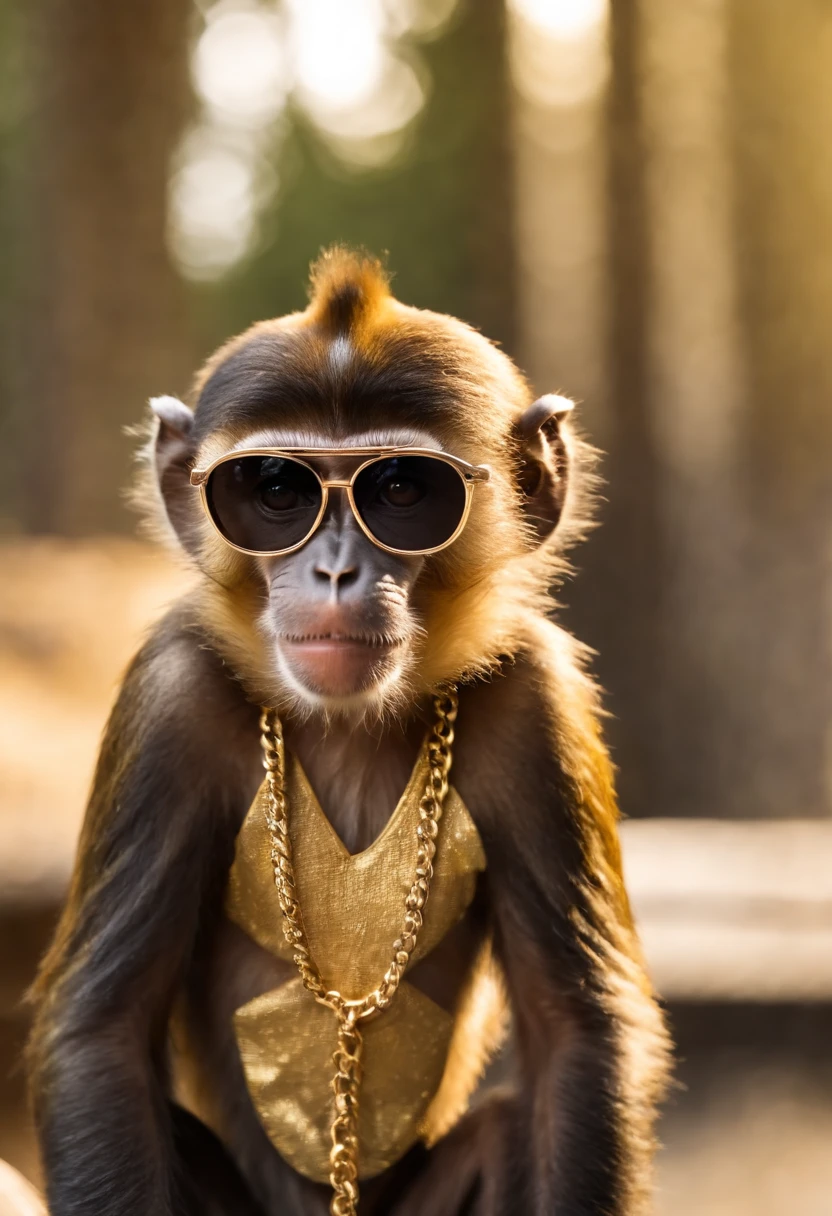 monkey with black sunglasses, golden coat, golden chain, golden necklace, bracelet, boss monkey, rich monkey,