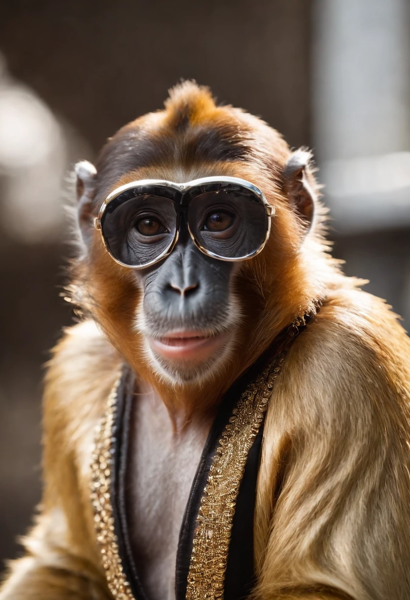 monkey with black sunglasses, golden coat, golden chain, golden necklace, bracelet, boss monkey, rich monkey,