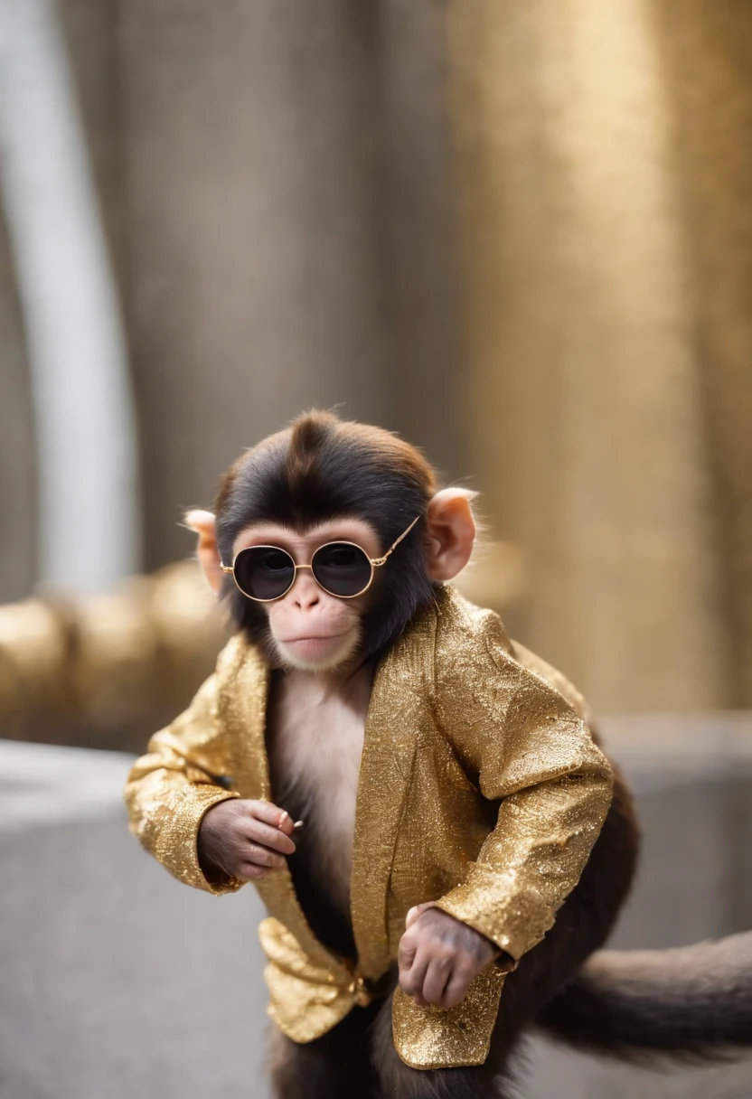 monkey with black sunglasses, golden coat, golden chain, golden necklace, bracelet, boss monkey, rich monkey,