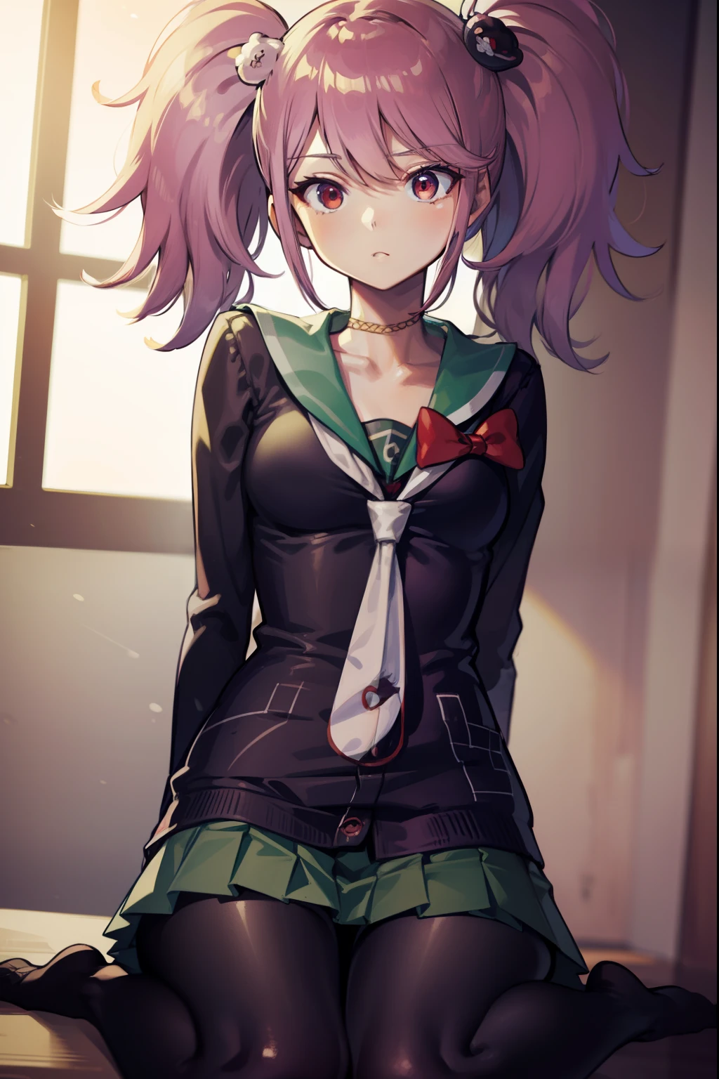 kantaitama, tama, hair between eyes, purple hair, short hair, (red eyes:1.5),
BREAK school uniform, serafuku, sailor collar, green sailor collar, cardigan, black cardigan, long sleeves, skirt, green skirt, pleated skirt, pantyhose, black pantyhose,
BREAK looking at viewer, full body,
BREAK indoors, classroom,
BREAK (masterpiece:1.2), best quality, high resolution, unity 8k wallpaper, (illustration:0.8), (beautiful detailed eyes:1.6), extremely detailed face, perfect lighting, extremely detailed CG, (perfect hands, perfect anatomy),