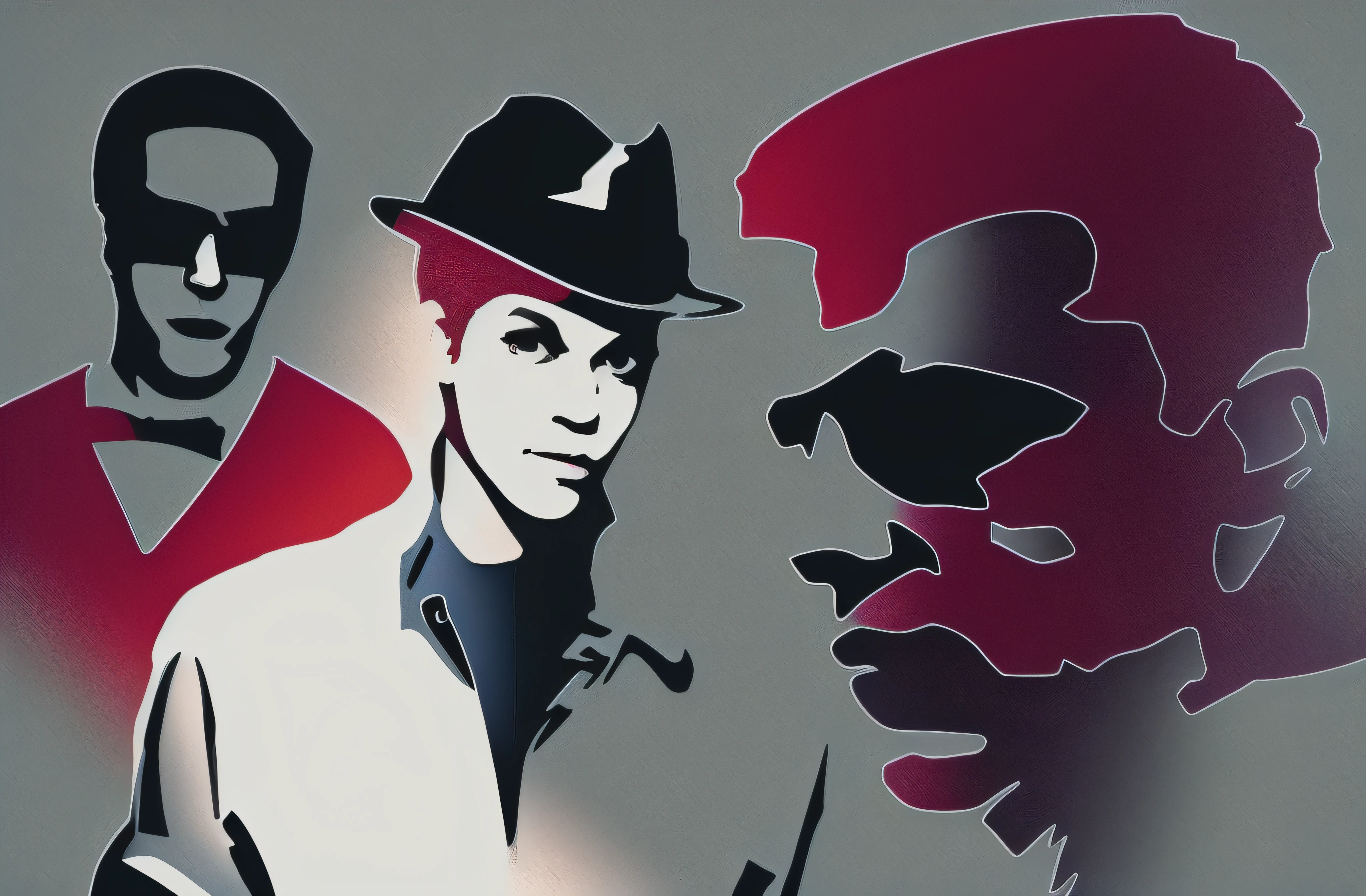 Black vinyl decal sticker, ((Terry Hall, Pauline Black, Suggs)) vector drawing, drawn in a noir style, vector style drawing, drawn in a neo - noir style, vector svg art, high contrast illustration, hd vector art, vector artwork