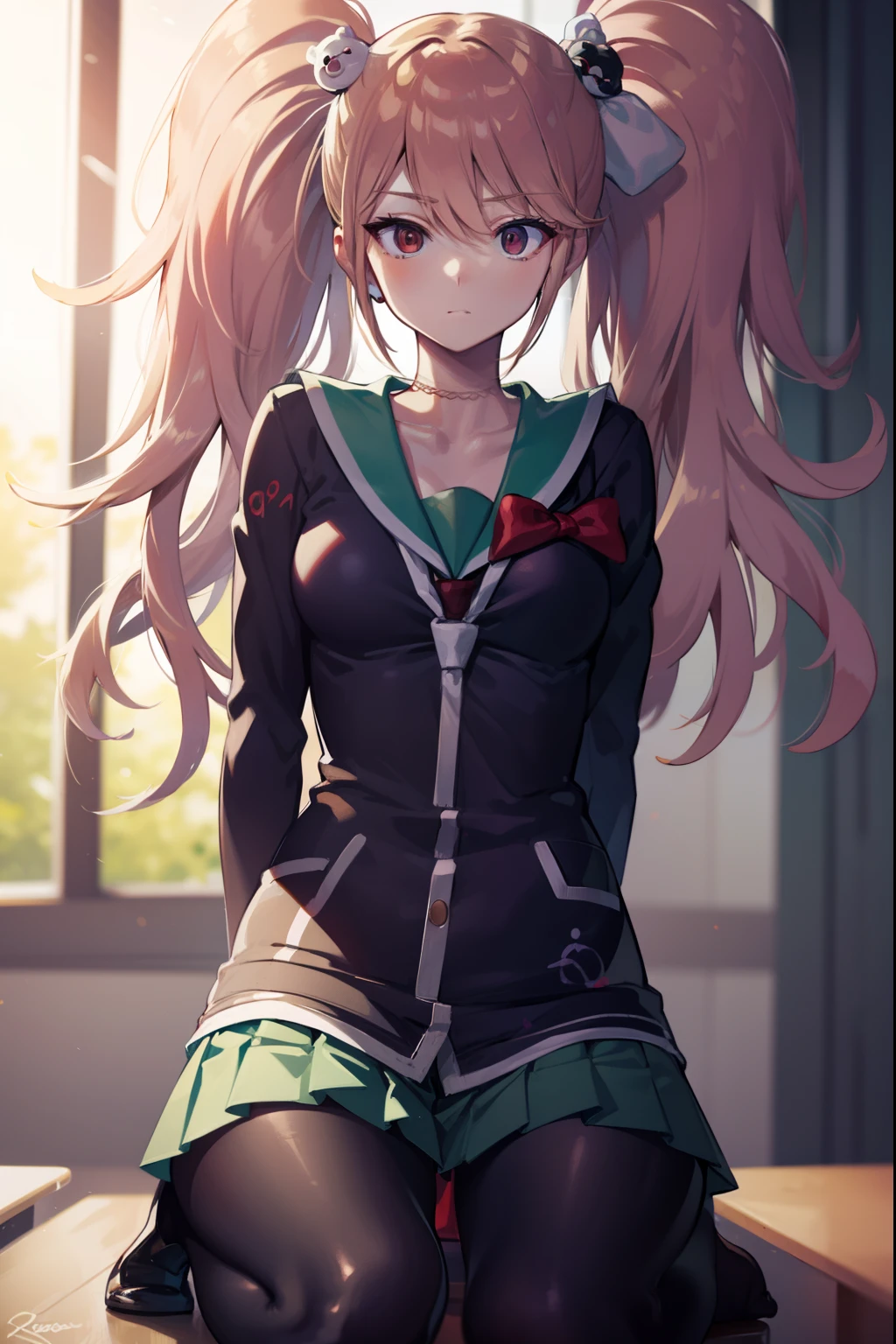 kantaitama, tama, hair between eyes, purple hair, short hair, (red eyes:1.5),
BREAK school uniform, serafuku, sailor collar, green sailor collar, cardigan, black cardigan, long sleeves, skirt, green skirt, pleated skirt, pantyhose, black pantyhose,
BREAK looking at viewer, full body,
BREAK indoors, classroom,
BREAK (masterpiece:1.2), best quality, high resolution, unity 8k wallpaper, (illustration:0.8), (beautiful detailed eyes:1.6), extremely detailed face, perfect lighting, extremely detailed CG, (perfect hands, perfect anatomy),