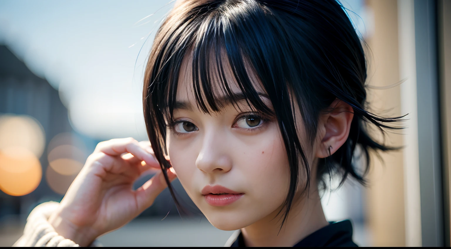 Seishirō Tsugumi, Nisekoi, fair-skinned, chin-length hair, ((navy-blue hair)), ((short hair)), big light blue-white bow on the left side of the hair, few hair strands hanging over her face, radiant red eyes, a mole under her right eye, slender, long sleeve dress, small , 16 years old, upper body, beauty, solo, extremely beautiful face, exquisite face