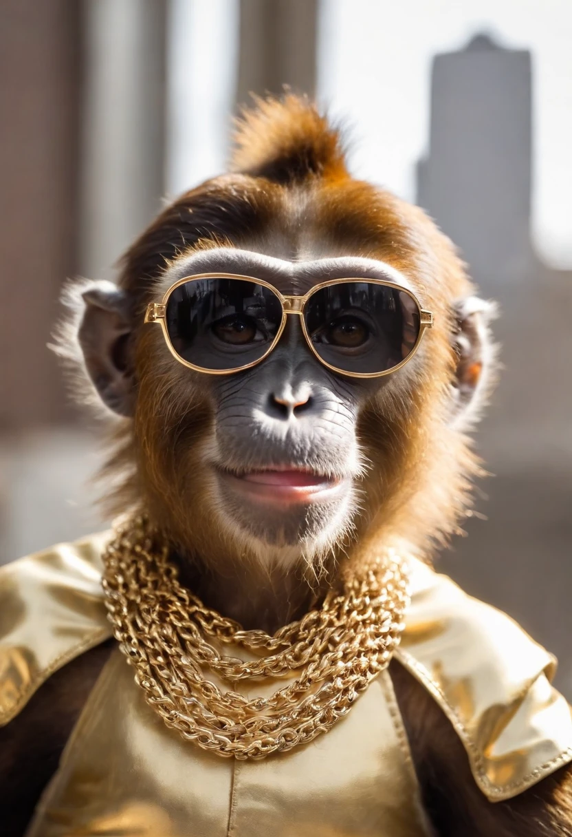 monkey with black sunglasses, golden coat, golden chain, golden necklace, bracelet, boss monkey, rich monkey, hollywood monkey, celebrity monkey