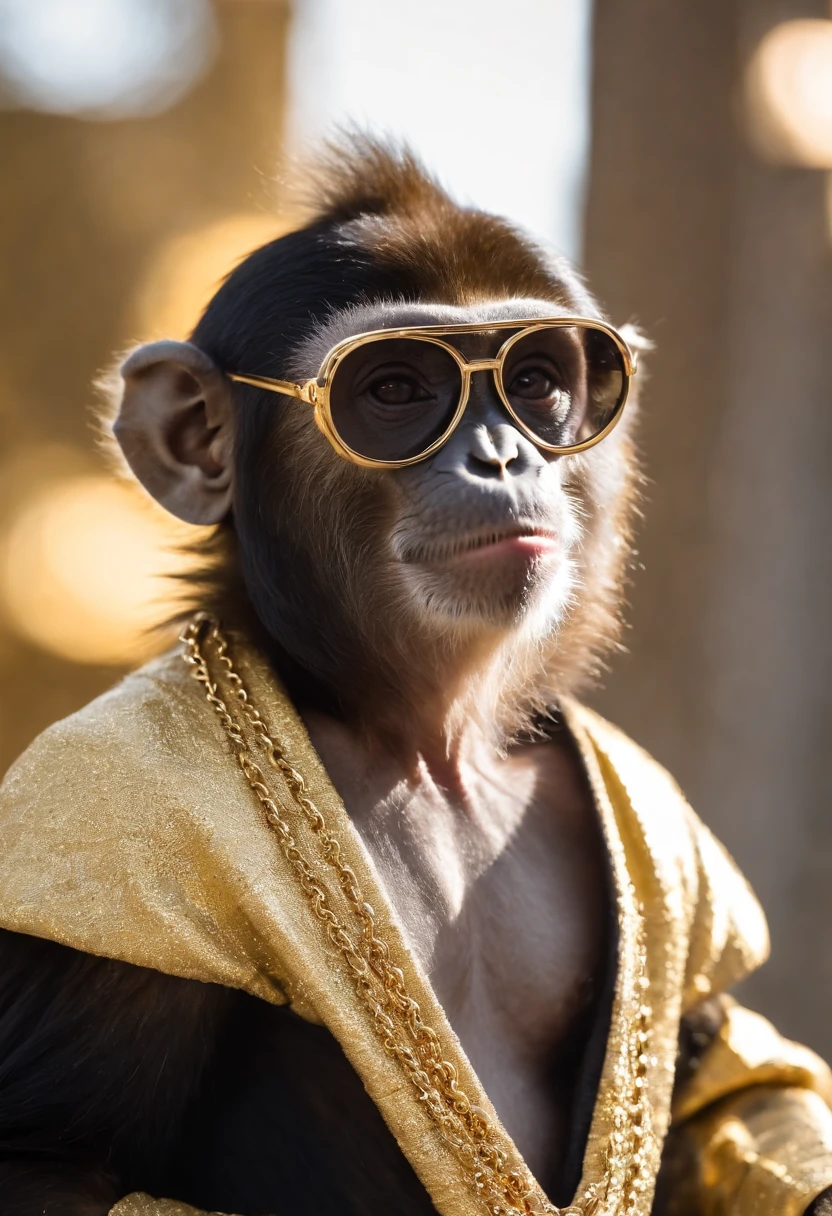 monkey with black sunglasses, golden coat, golden chain, golden necklace, bracelet, boss monkey, rich monkey, hollywood monkey, celebrity monkey
