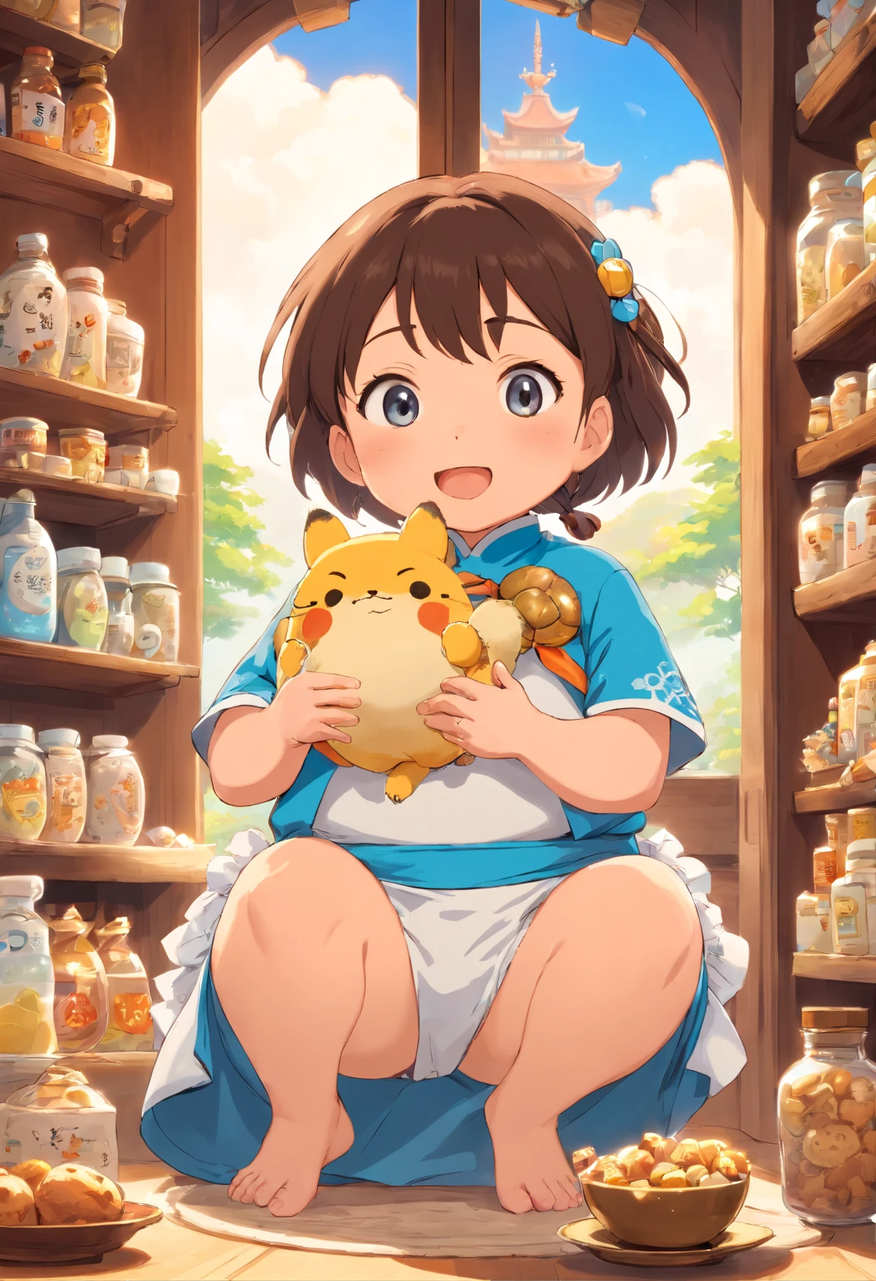 cheekbulge, anime big breast, Anime style, by Pixar, Masterpiece, High details, High quality, Super detail, A high resolution, 8K
（Cartoon chubby baby：1.37）, Wearing a cheongsam with a blue and white porcelain pattern, Sky blue and white, 
（Knolling layout）, （Behind is the bottle，diaper，dried milk，teaxs，Cookie：1.3）
（Sticker style），niji. Journey V5，