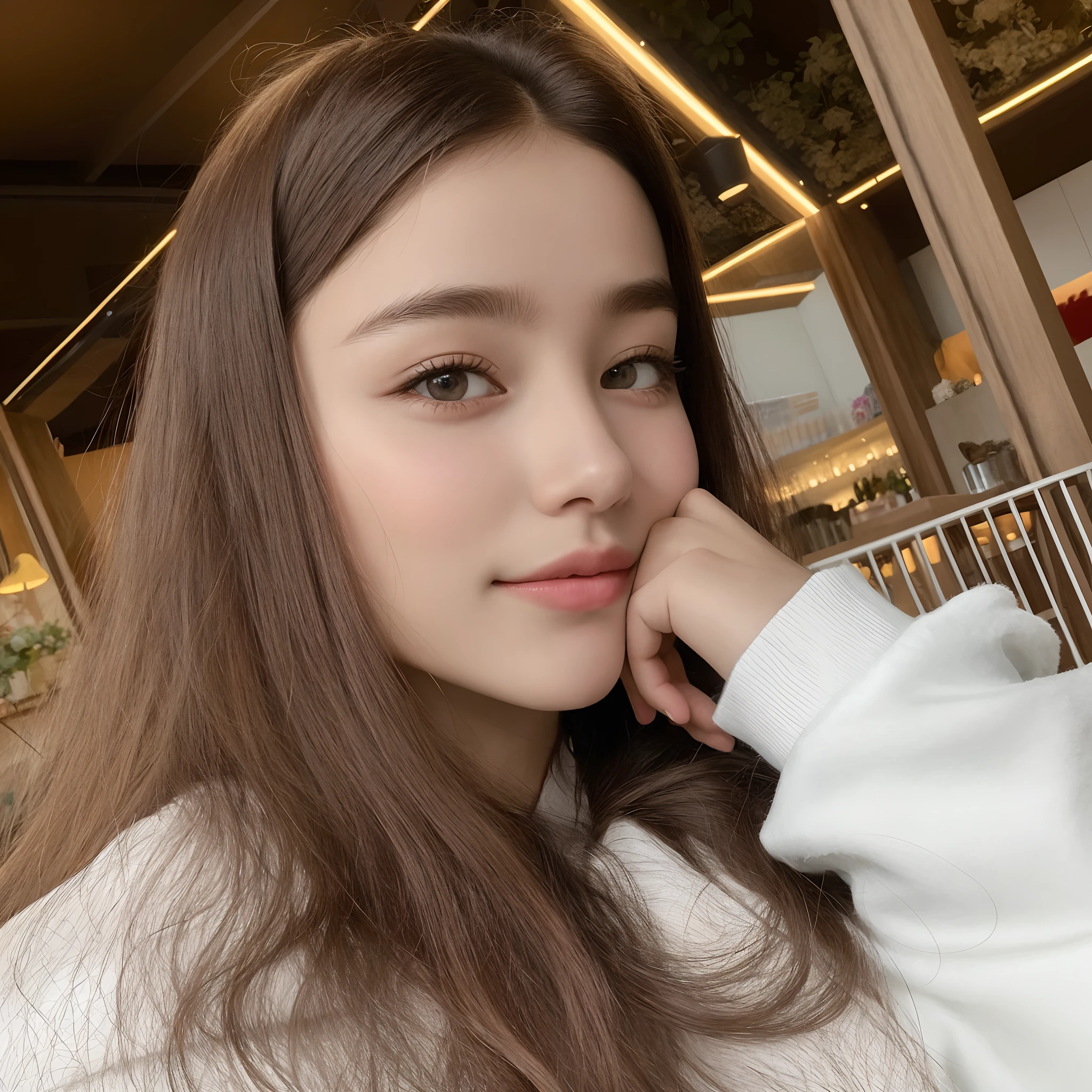 There is a woman who is sitting with her hand on her chin, 18 years old, 19 year old girl, dilraba dilmurat, 1 6 years, Anna Nikolanova aka Newmilky, Dasha Taran, con el pelo largo, Anastasia Ovchinnikova, buena joven, Chica joven y linda, Kailee Mandel