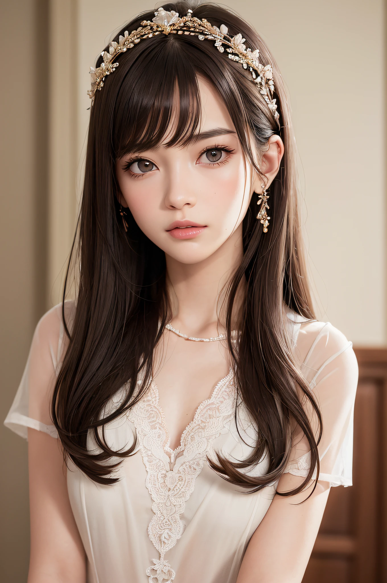 (masterpiece:1.2, best quality), (real picture, intricate details), 1lady, solo, upper body, casual, long hair, minimal makeup, natural fabrics, close-up face, smile, home