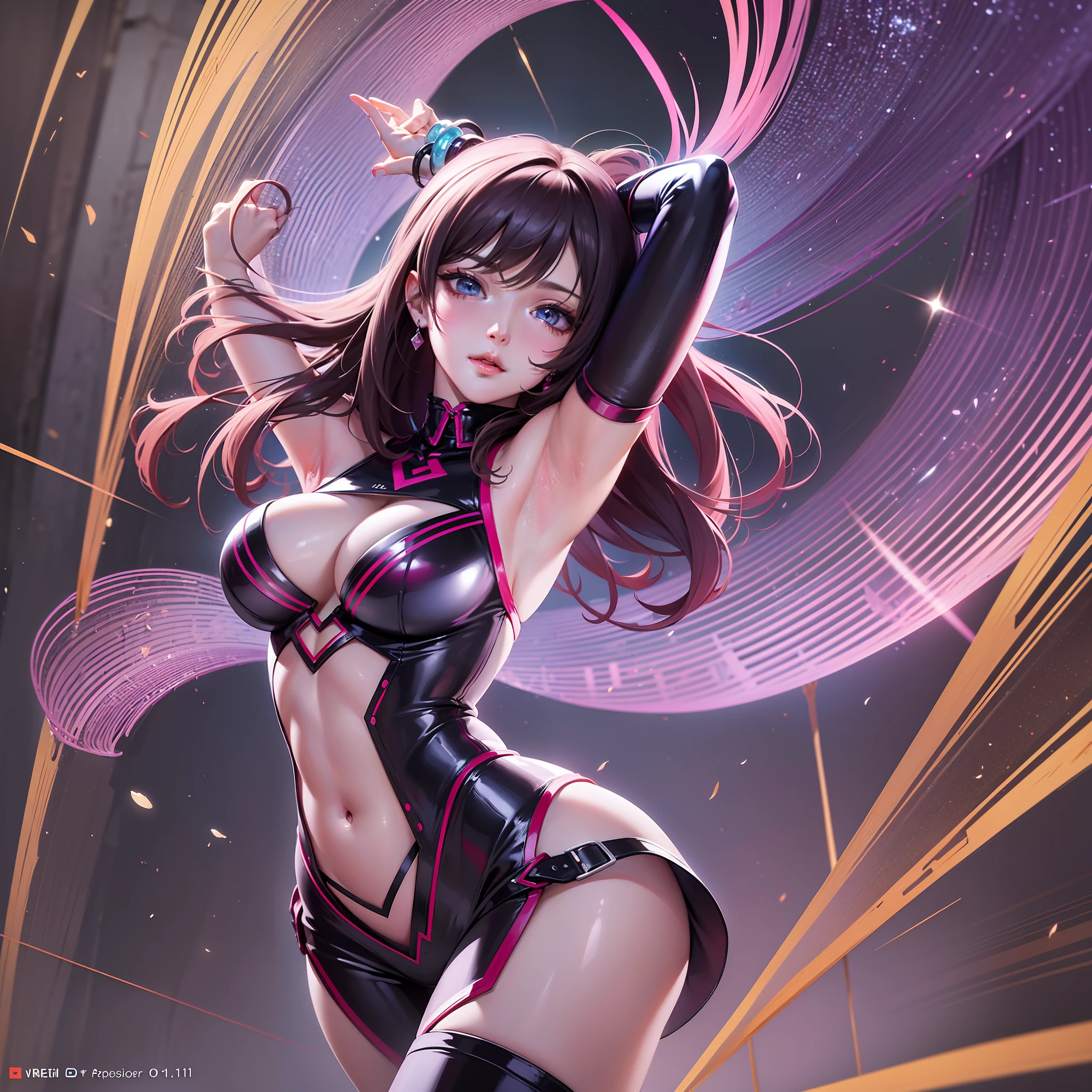 ((Finest quality)),(超A high resolution),(ultra-detailliert),((Best Anime)),sharpnes,vivid:1.1,The Art of Phenomenal Depictions,colorful lighting:1.1, (1 female dancer),Dynamic poses,Fancy latex suit