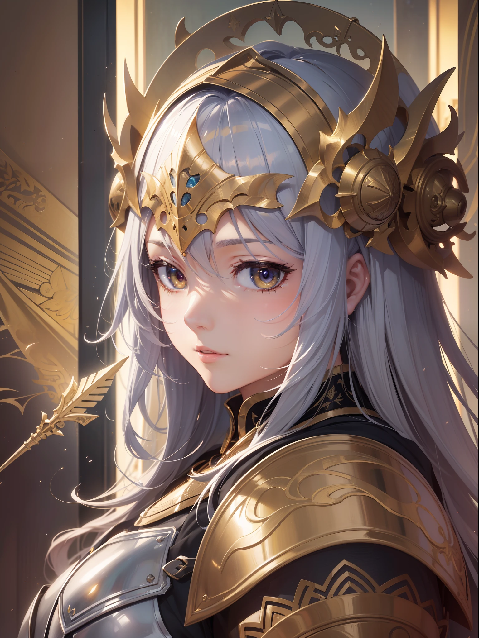((Finest quality)),(超A high resolution),(ultra-detailliert),((Best Anime)),sharpnes,vivid:1.1,The Art of Phenomenal Depictions,suns, (1 Female Knight),(Armor that emits light,Detailed and detailed engraving),(Kite Shield:1,Precise depiction sculpture),circlet