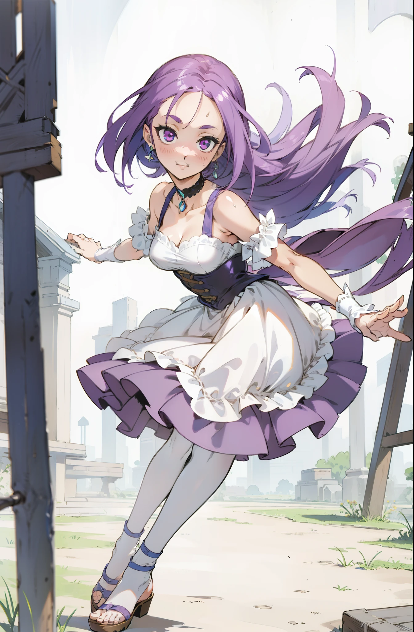 masutepiece, Best Quality, Ultra-detailed, Off-the-shoulder clothing, Colorful,Up-close, Hyper-detailing，purple color  hair, , Ultra-realistic hair quality, Vibrant colors, Beautiful long hair, shoulder-length hair, Shiny hair, detailed hairs, Hair Ribbon, Single-sided up, bow ribbon, Reo Mikage, Blue Lock, no sleeves, Sleeveless, Open shoulders, Cinderella, Panniers and Cinderella, Cinderella Dresses, Lace dress, long-one-piece dress, White tights and leggings, leggins, Lace Tights, Bare legged, Sandals, Brown sandals, gladiator sandals, Chest exposure, Lace underwear, Metamorphosis is exposed, Choker, Black Choker, complete fingers, Five Fingers, Two arms, Two hands, Sexy breasts, Scar, Big breasts, red blush, 1girl in, Solo, Sharp face, Heterochromia, Green eyes, Purple eyes, Bare neck, Happy face, rays of sunshine, Brave Sky, shining sky, Village of Shanghai, Slums, crouching down