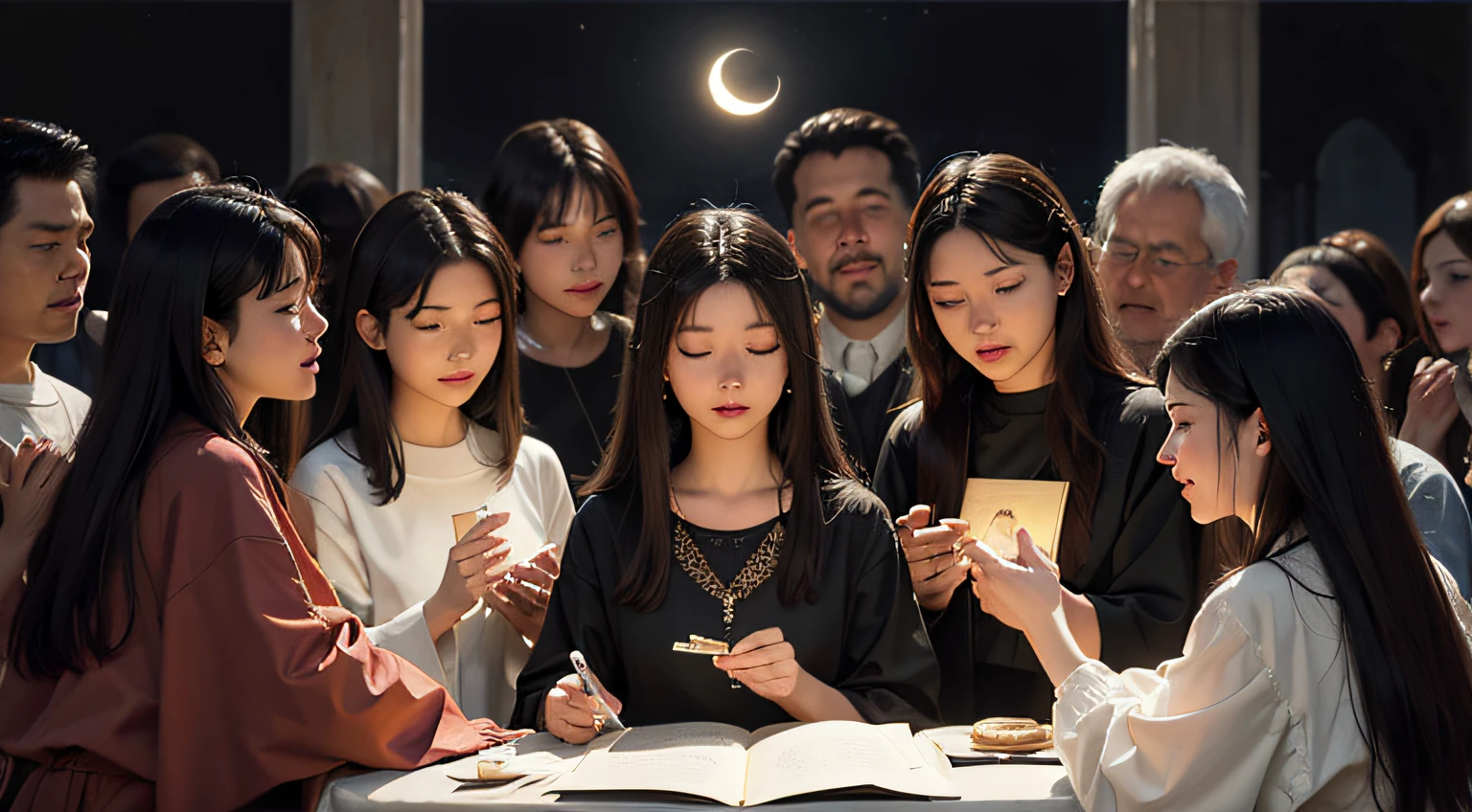 "Praise under the new moon", A group of believers gathered in the light of the new moon, faces lit by faith, an atmosphere of spiritual communion, Painting, acrylic on canvas, --ar 16:9 --v 5.2